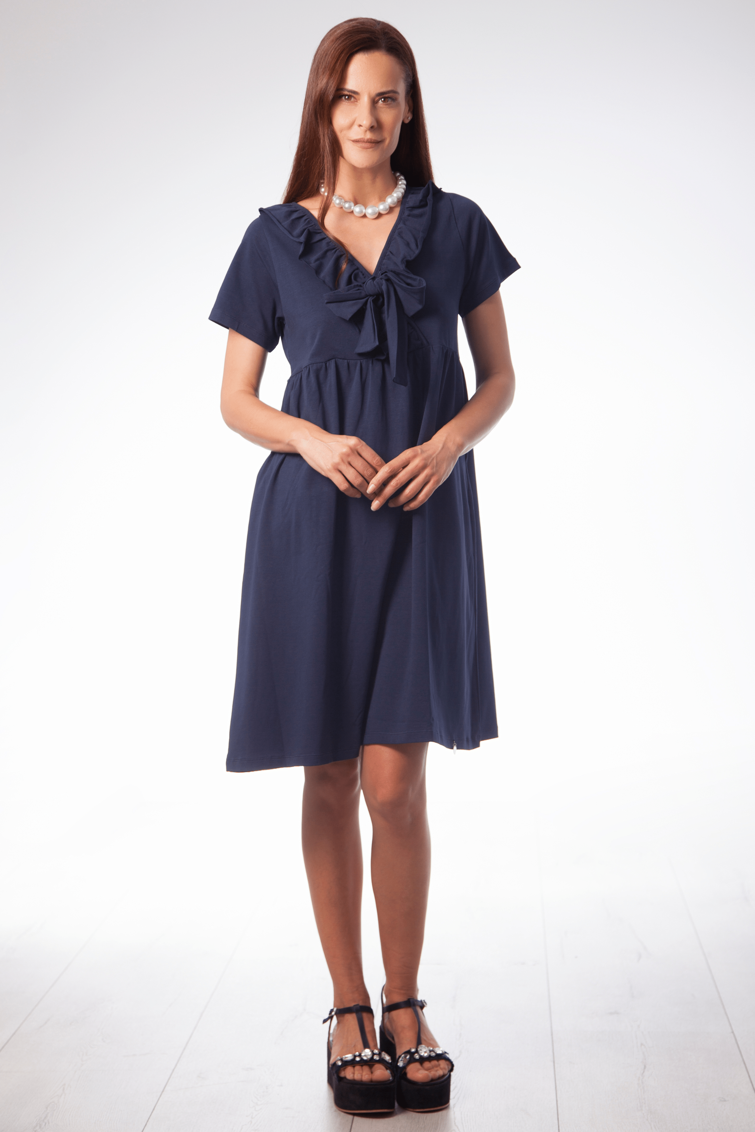 Vestido azul marino con lazo y volante en el centro Lolitas&L - lolitasyl.com