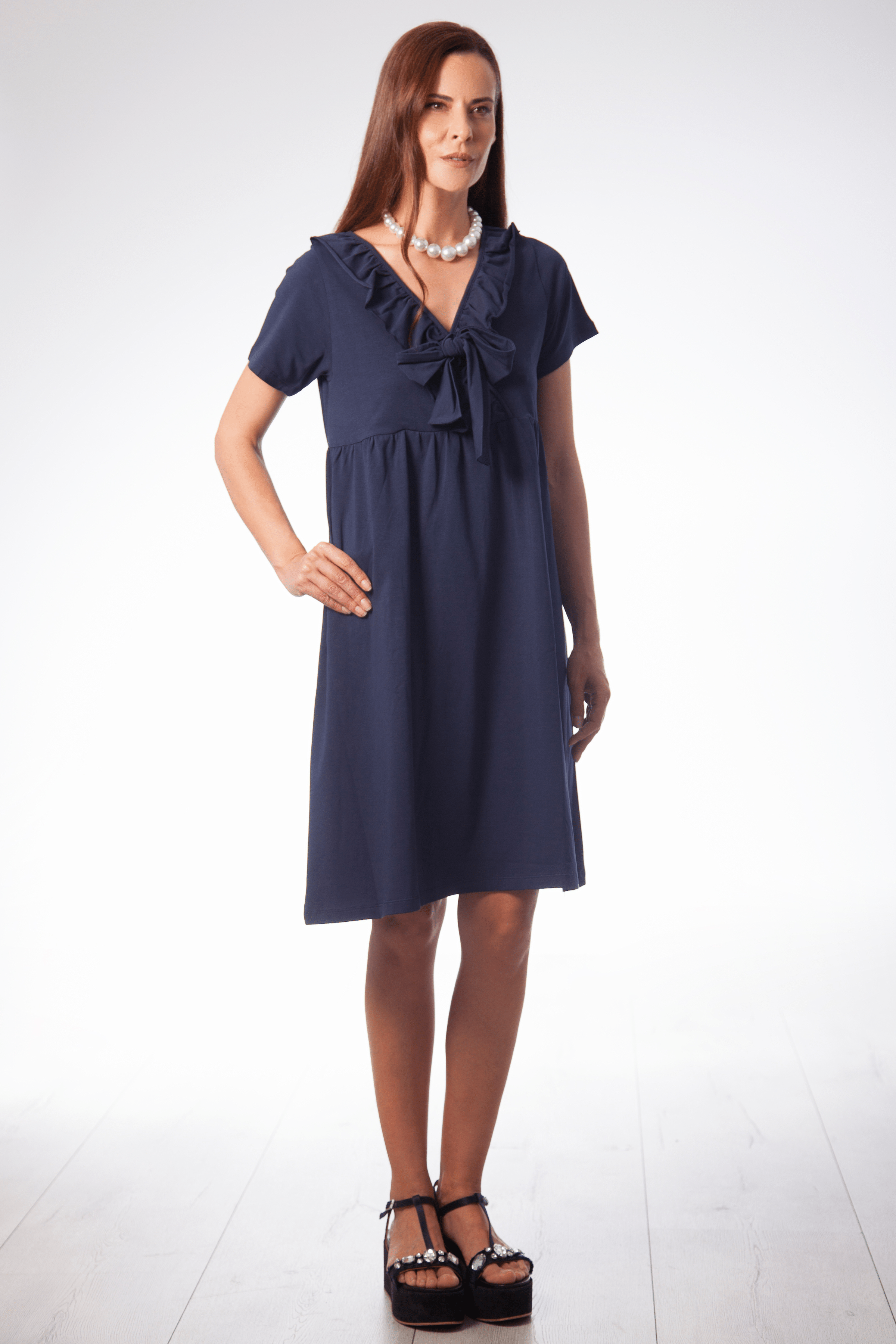 Vestido azul marino con lazo y volante en el centro Lolitas&L - lolitasyl.com