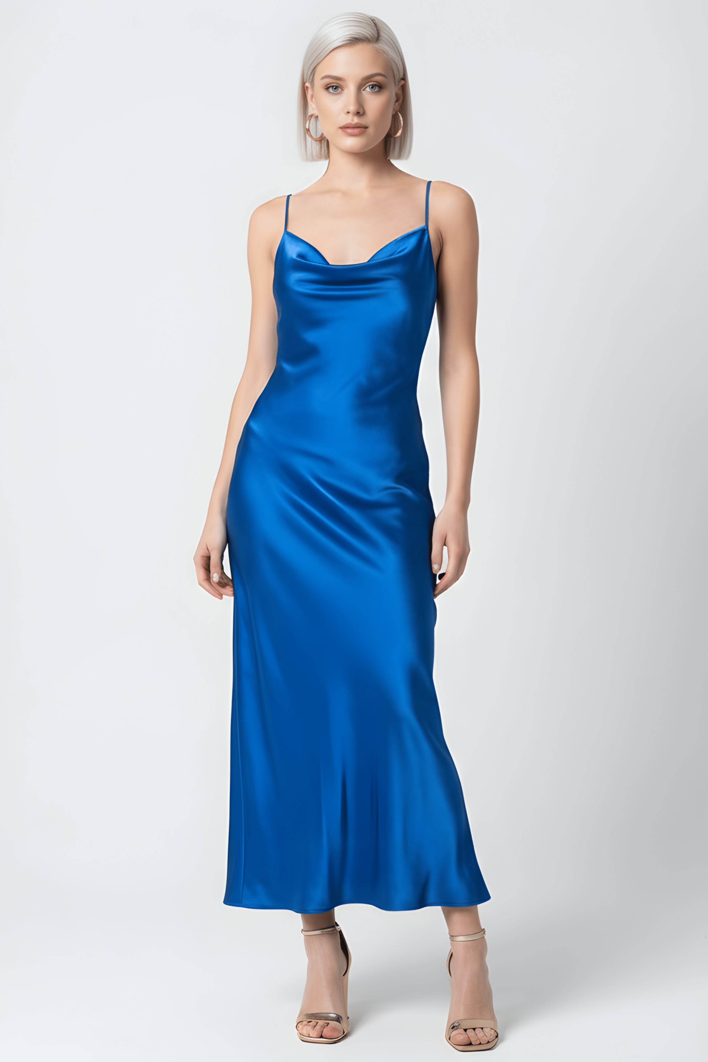 Vestido azul royal raso largo tirantes con escote fruncido LolitasyL - lolitasyl.com