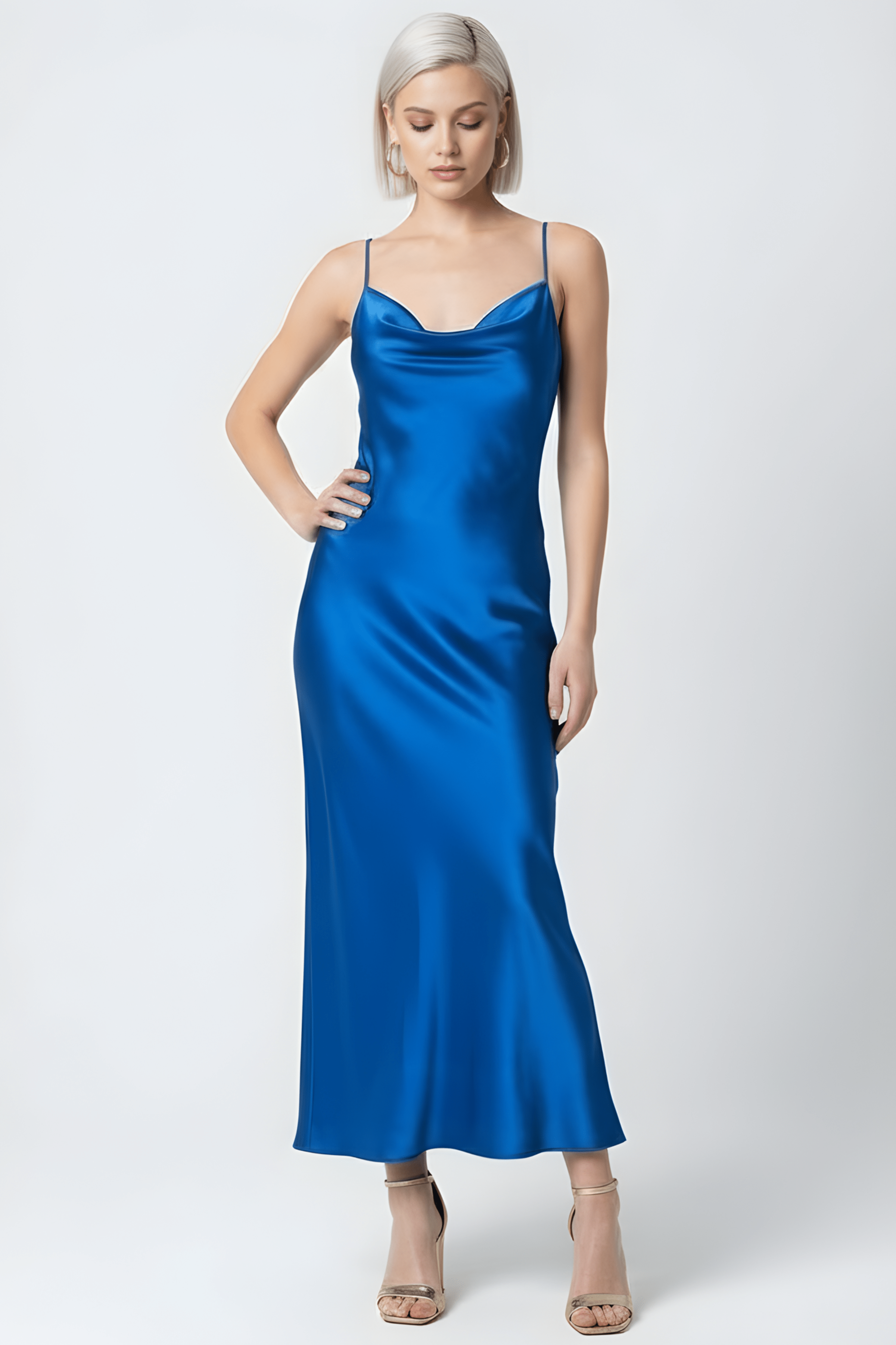 Vestido azul royal raso largo tirantes con escote fruncido LolitasyL - lolitasyl.com