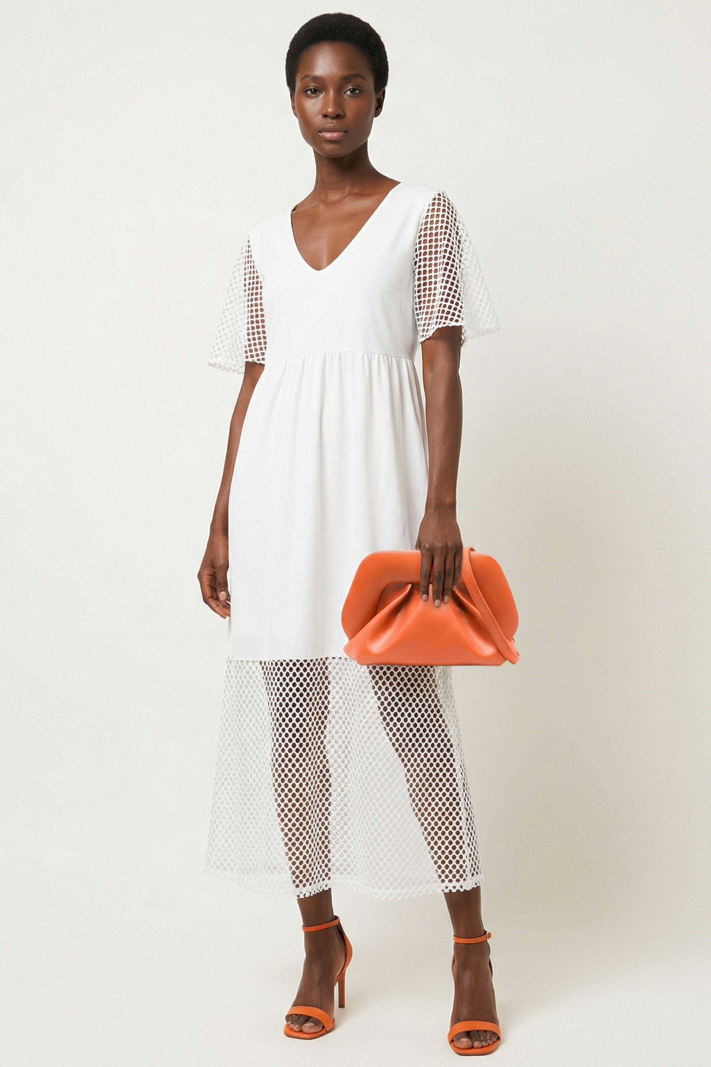 Vestido blanco largo mixto con rejilla y algodon Lolitas&L