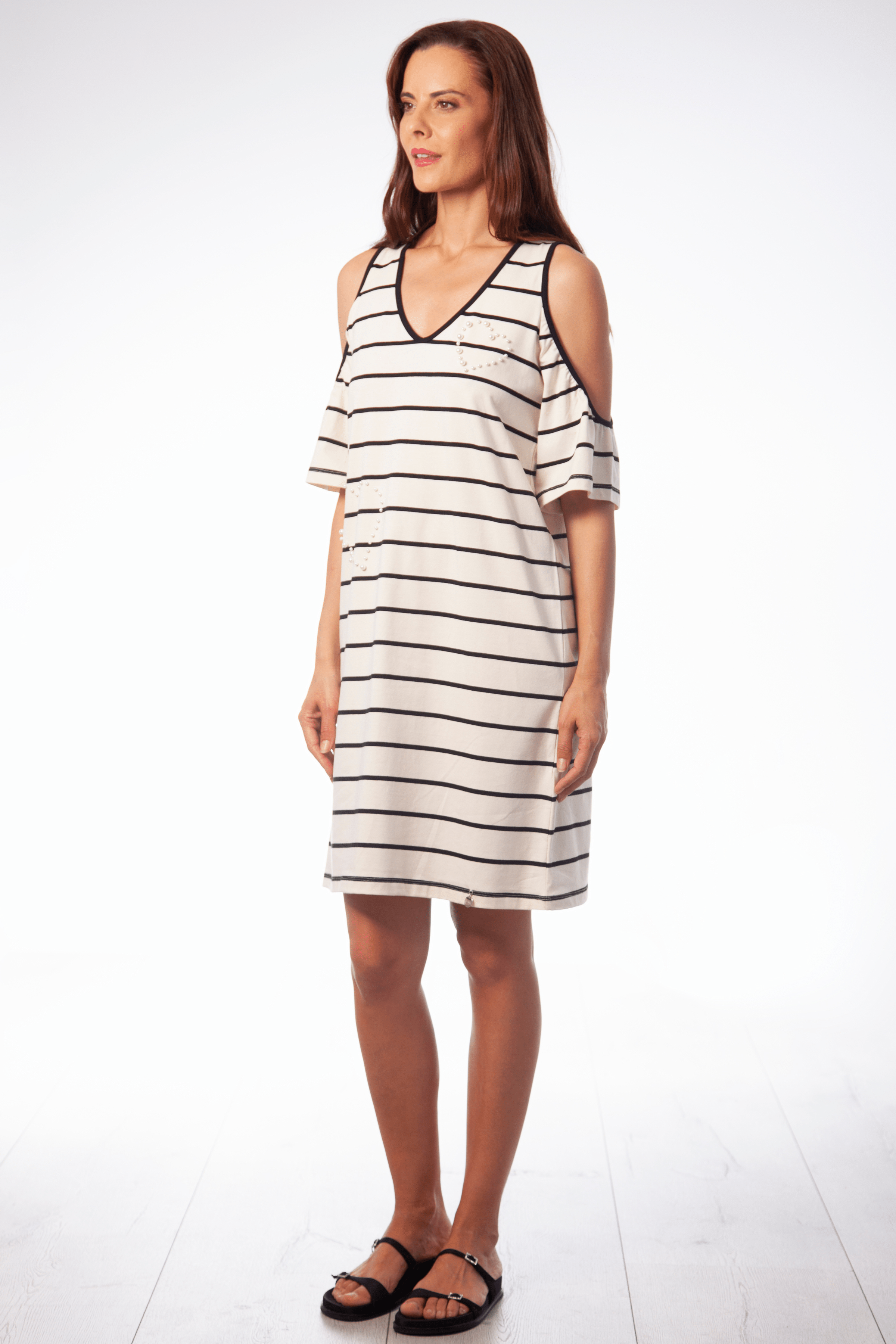 Vestido blanco rayas hombro descubierto Lolitas&L - lolitasyl.com