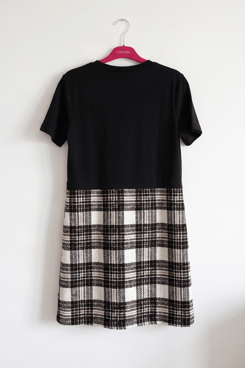 Vestido Combinado de Punto Negro y Falda de Cuadros Preloved - lolitasyl.com