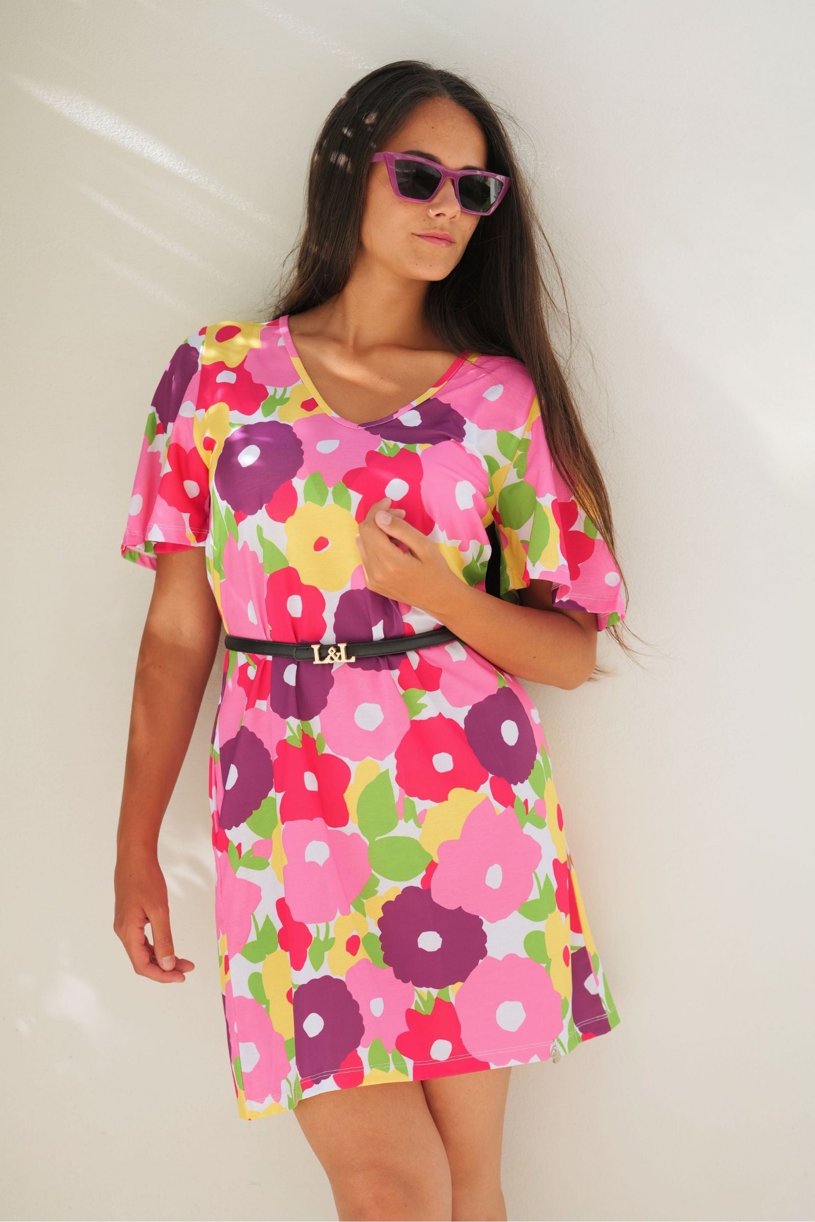 Vestido corto estampado garden rosa escote pico Lolitas&L