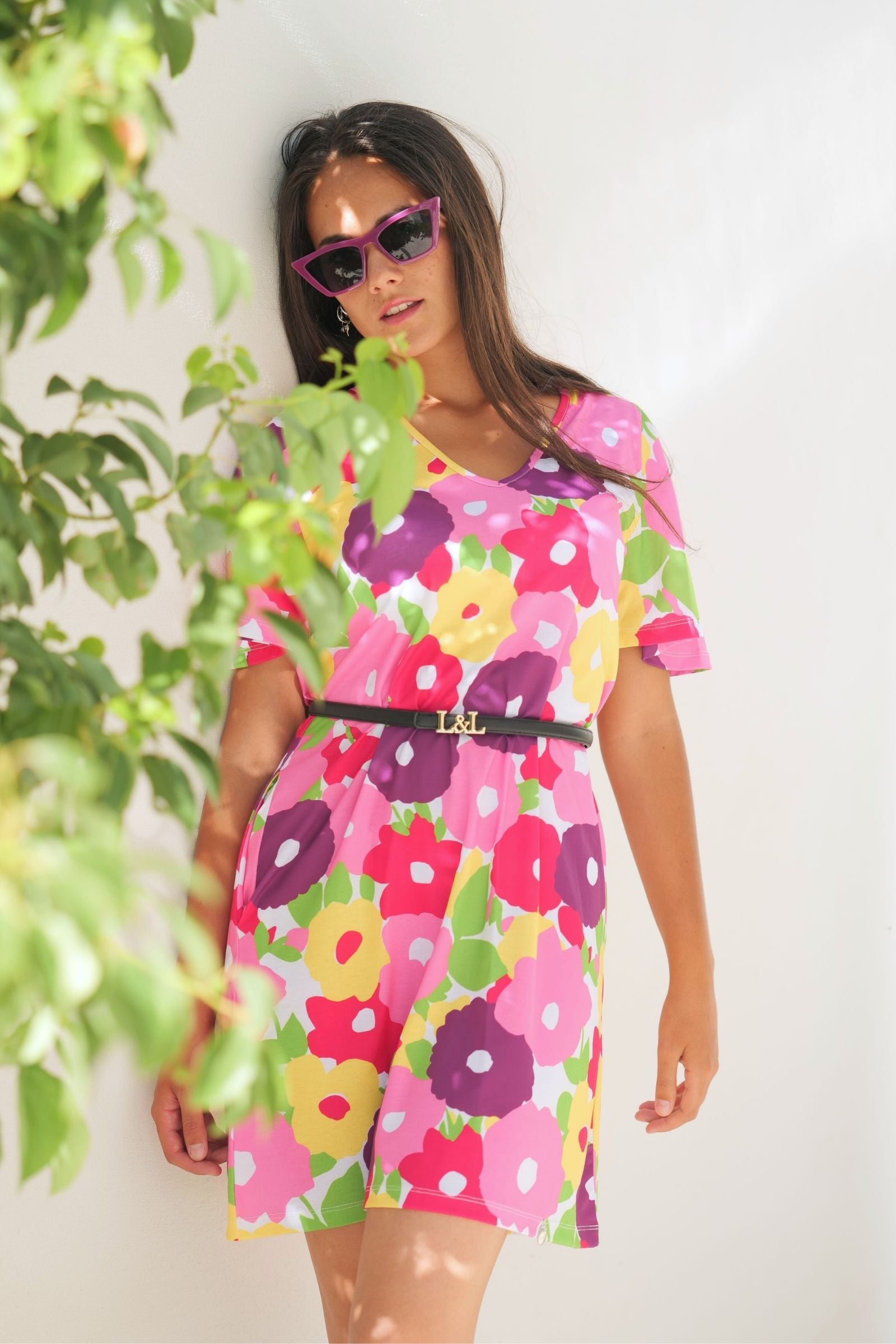 Vestido corto estampado garden rosa escote pico Lolitas&L