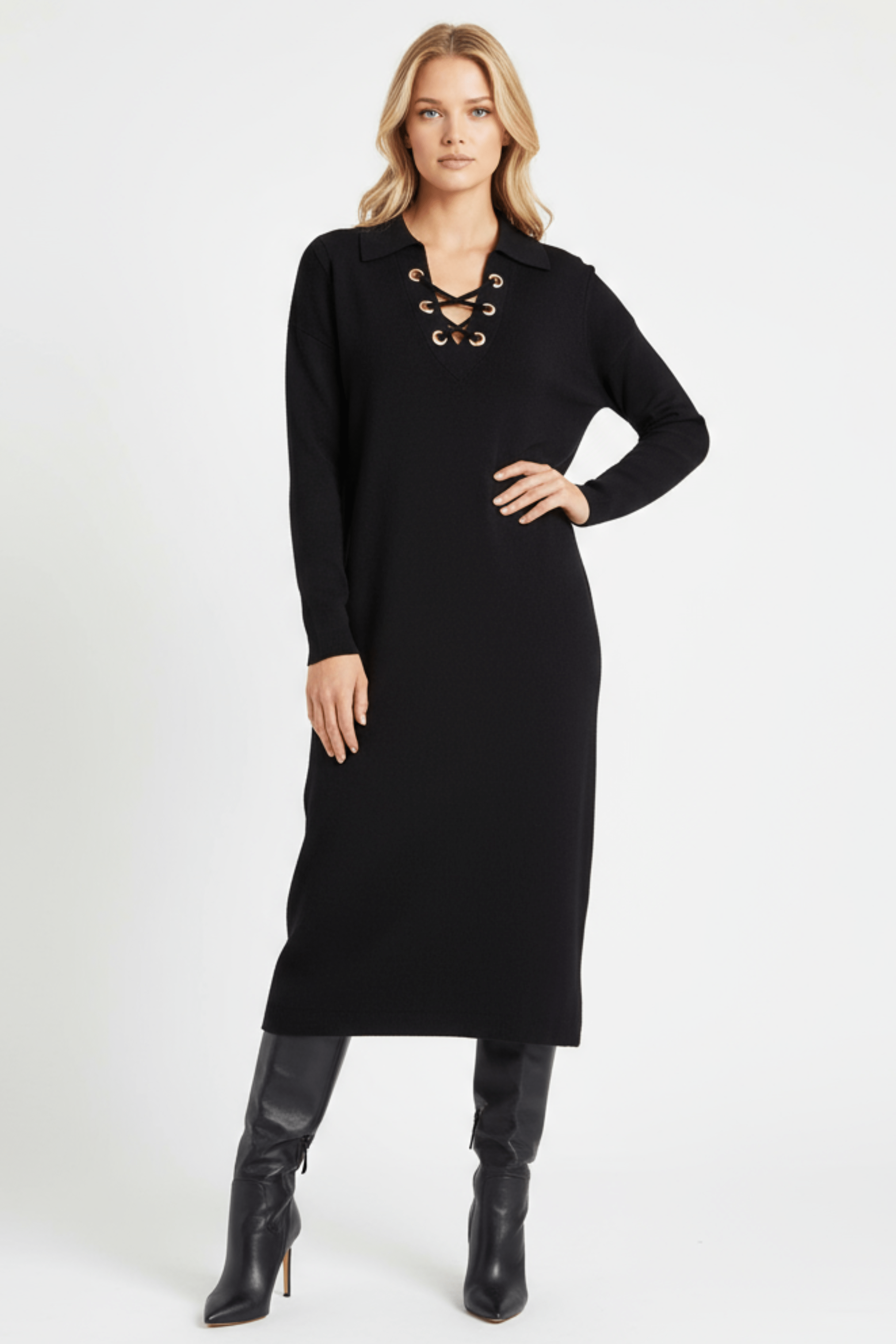 Vestido de punto negro largo escote camisero Lolitas&L - lolitasyl.com