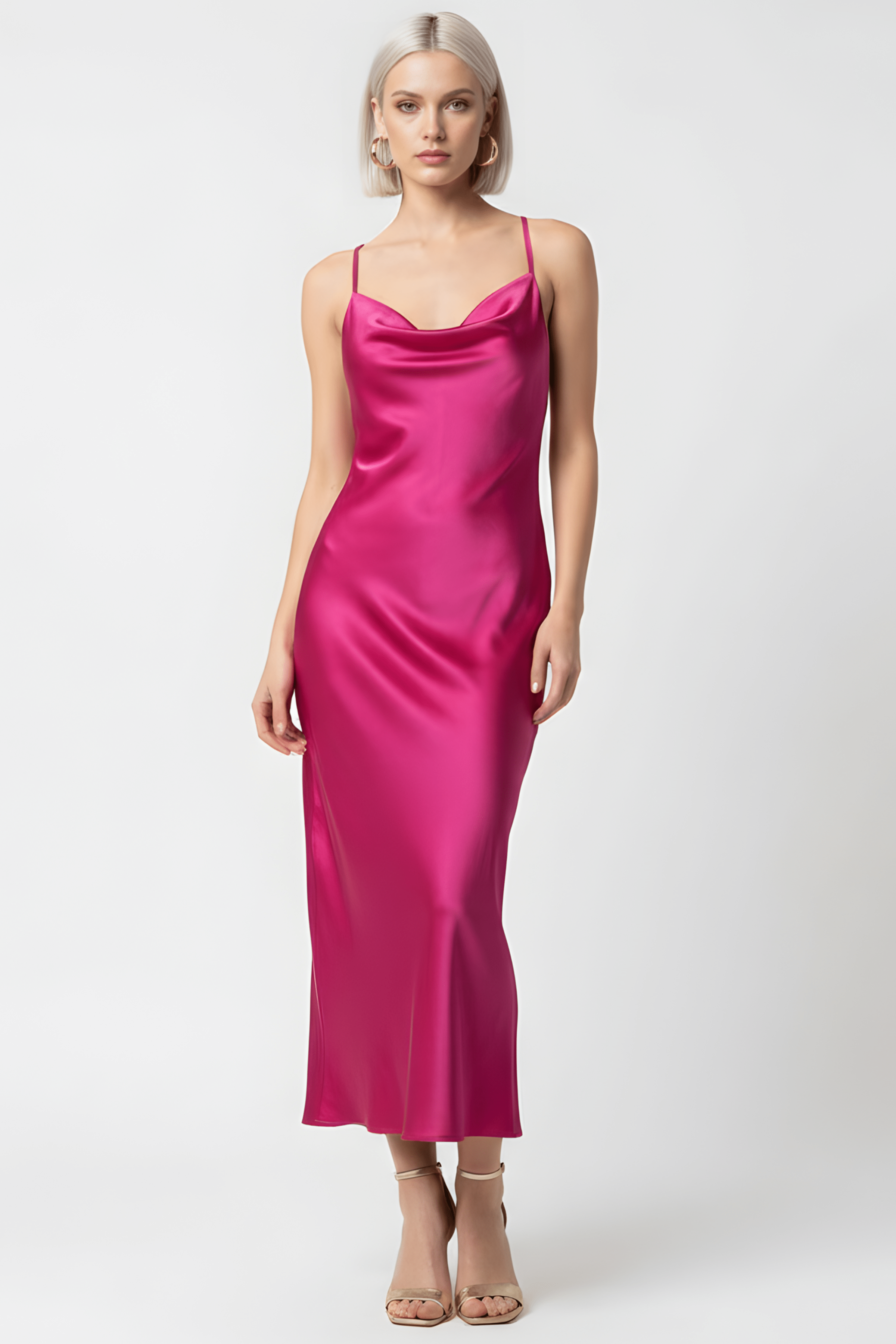 Vestido fucsia de raso largo tirantes con escote fruncido LolitasyL - lolitasyl.com