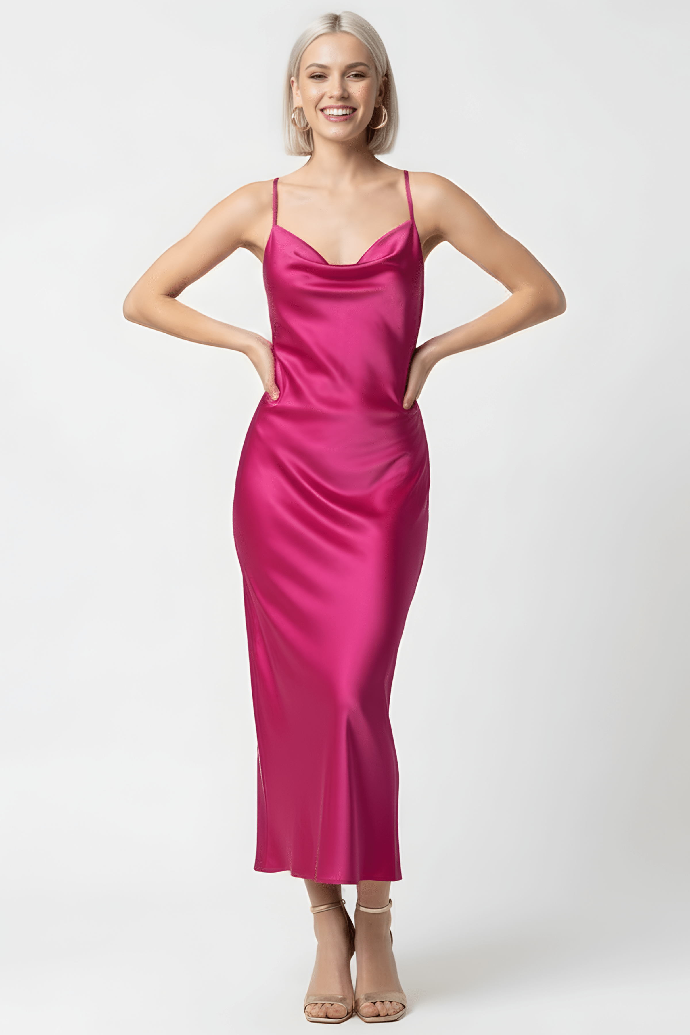 Vestido fucsia de raso largo tirantes con escote fruncido LolitasyL - lolitasyl.com