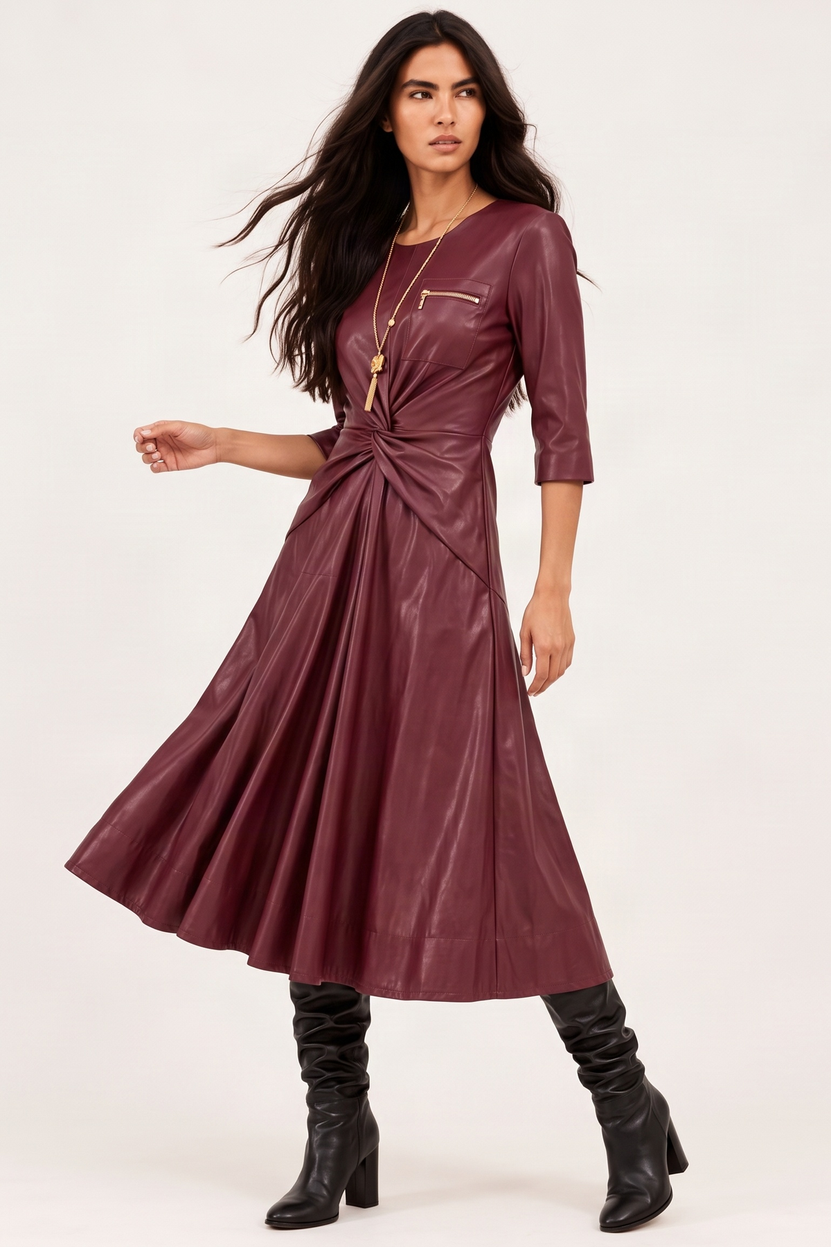 Vestido Largo de Ecopiel Color Vino con Media Manga y Bolsillos – Lolitas&L