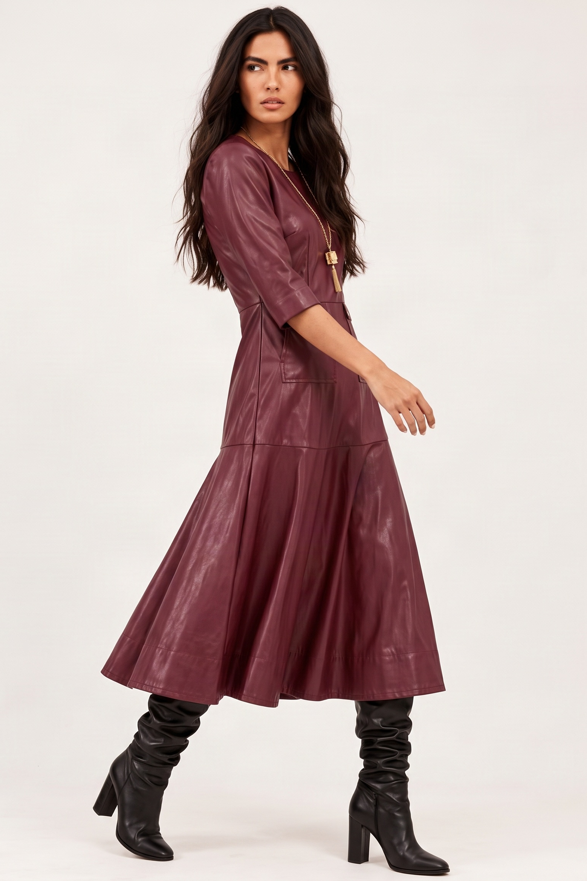 Vestido Largo de Ecopiel Color Vino con Media Manga y Bolsillos – Lolitas&L