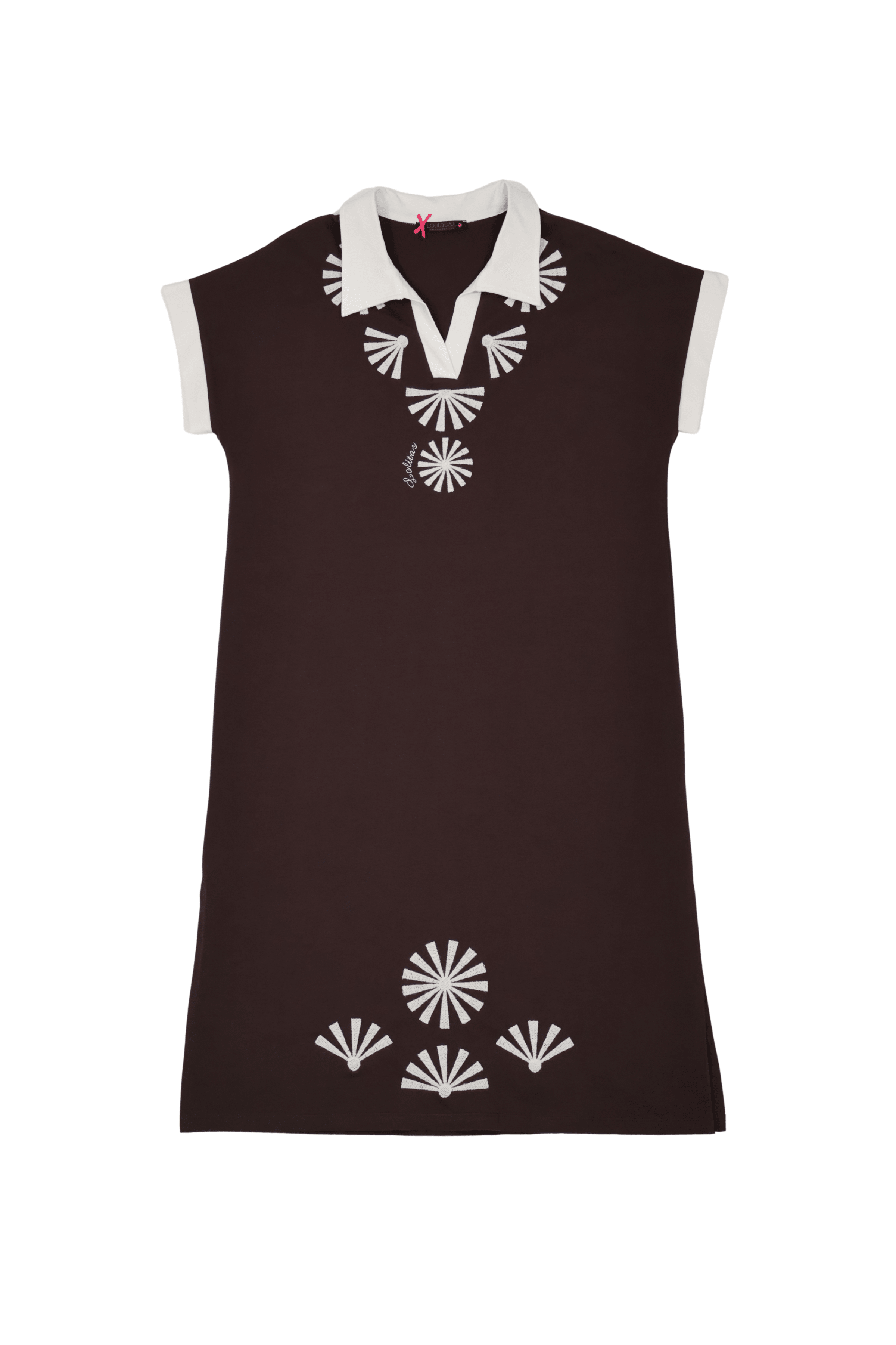 Vestido marron con bordado mandala en contraste blanco y escote polo Lolitas&L - lolitasyl.com