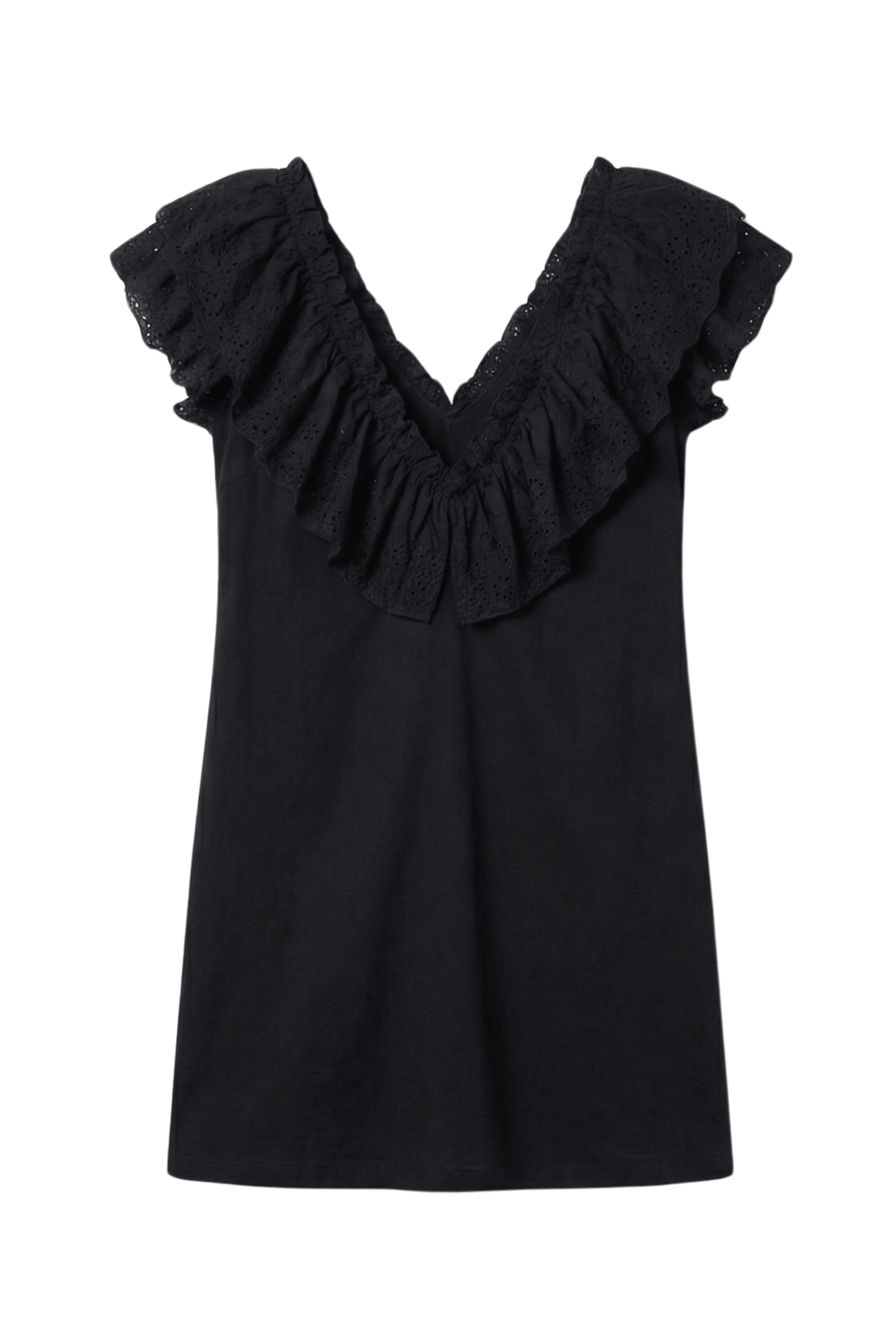 Vestido negro con volante de bordado ingles en el escote Lolitas&L - lolitasyl.com