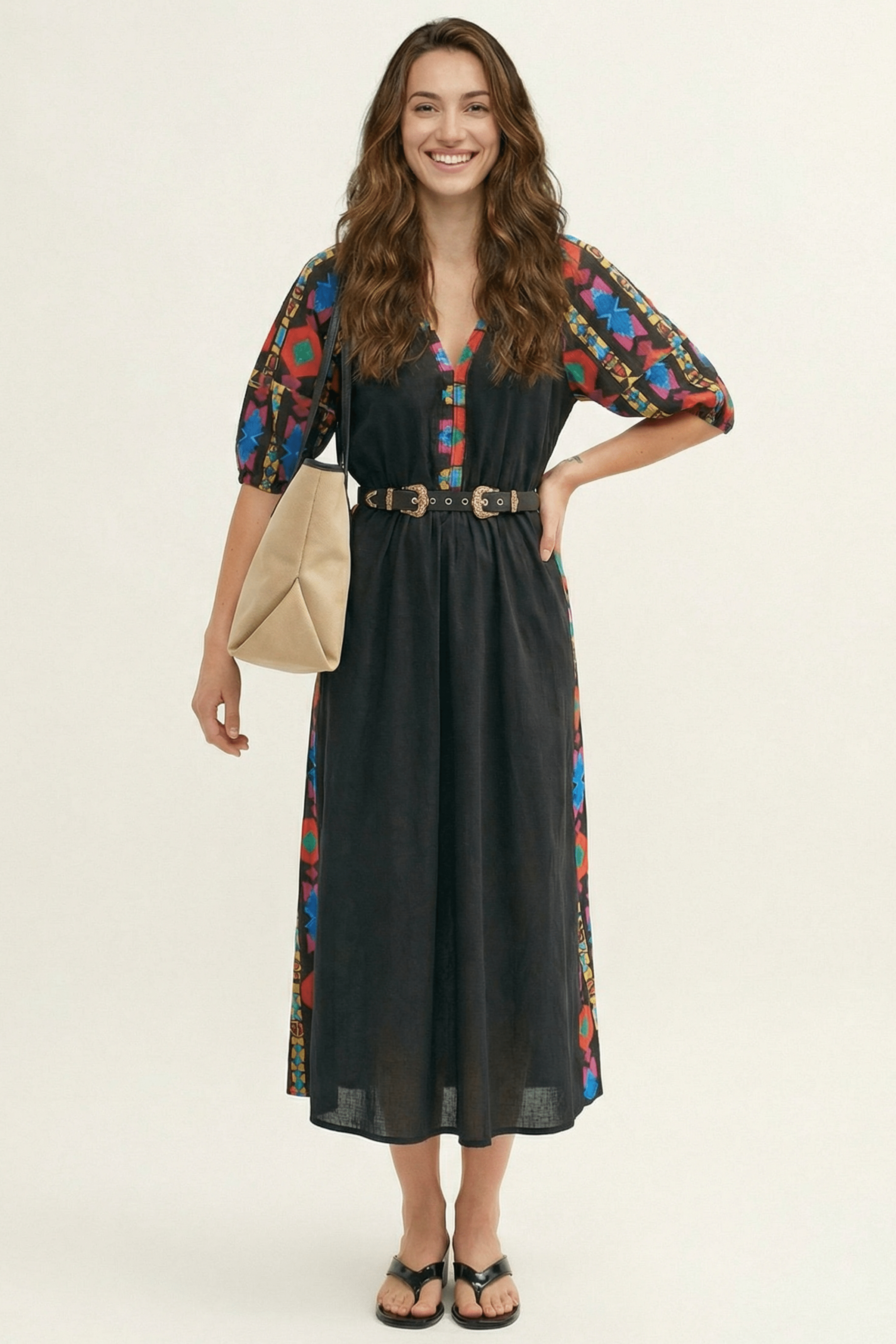 Vestido negro largo mangas abullonadas con estampado Ethic Lolitas&L - lolitasyl.com