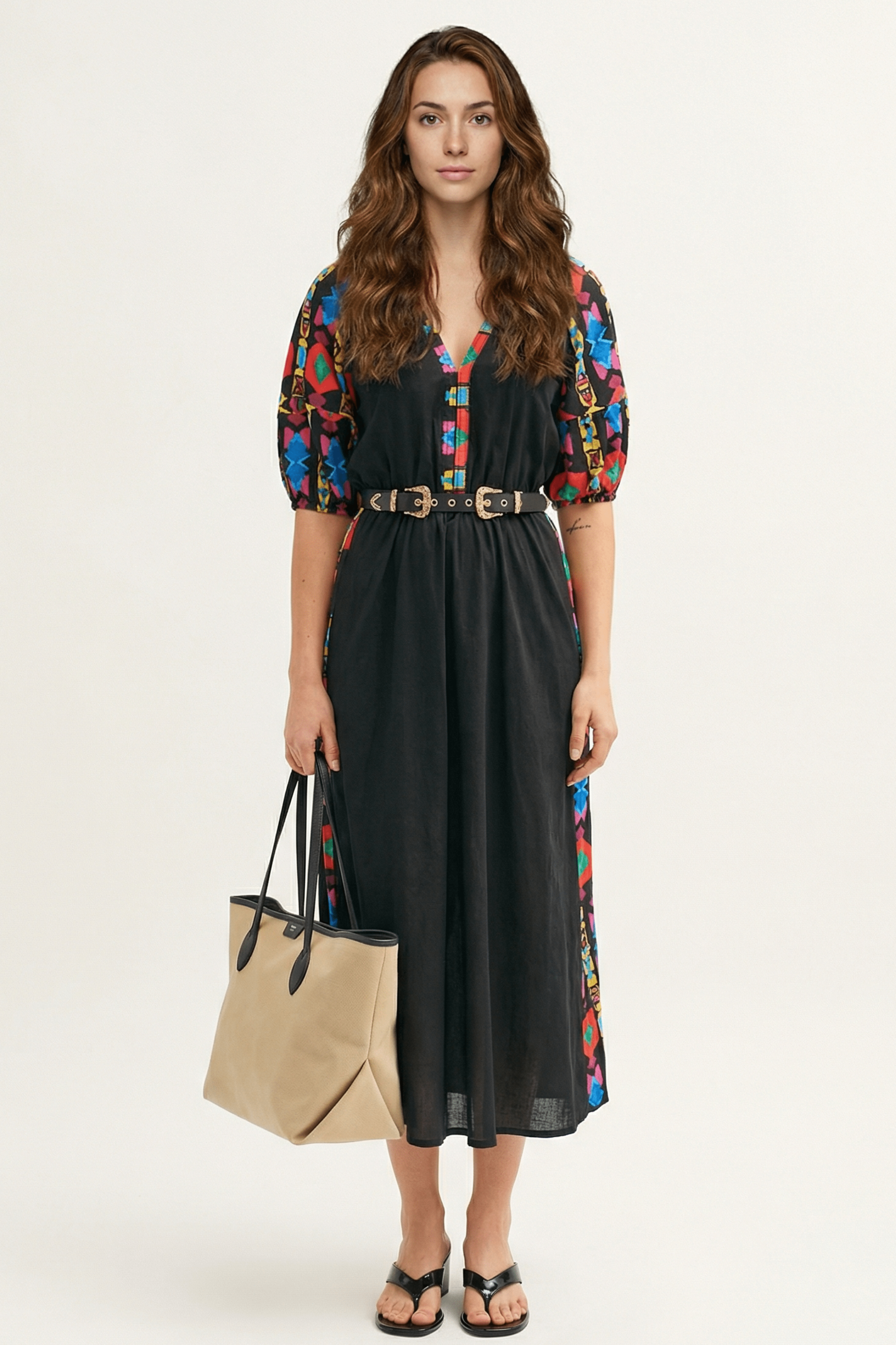 Vestido negro largo mangas abullonadas con estampado Ethic Lolitas&L - lolitasyl.com