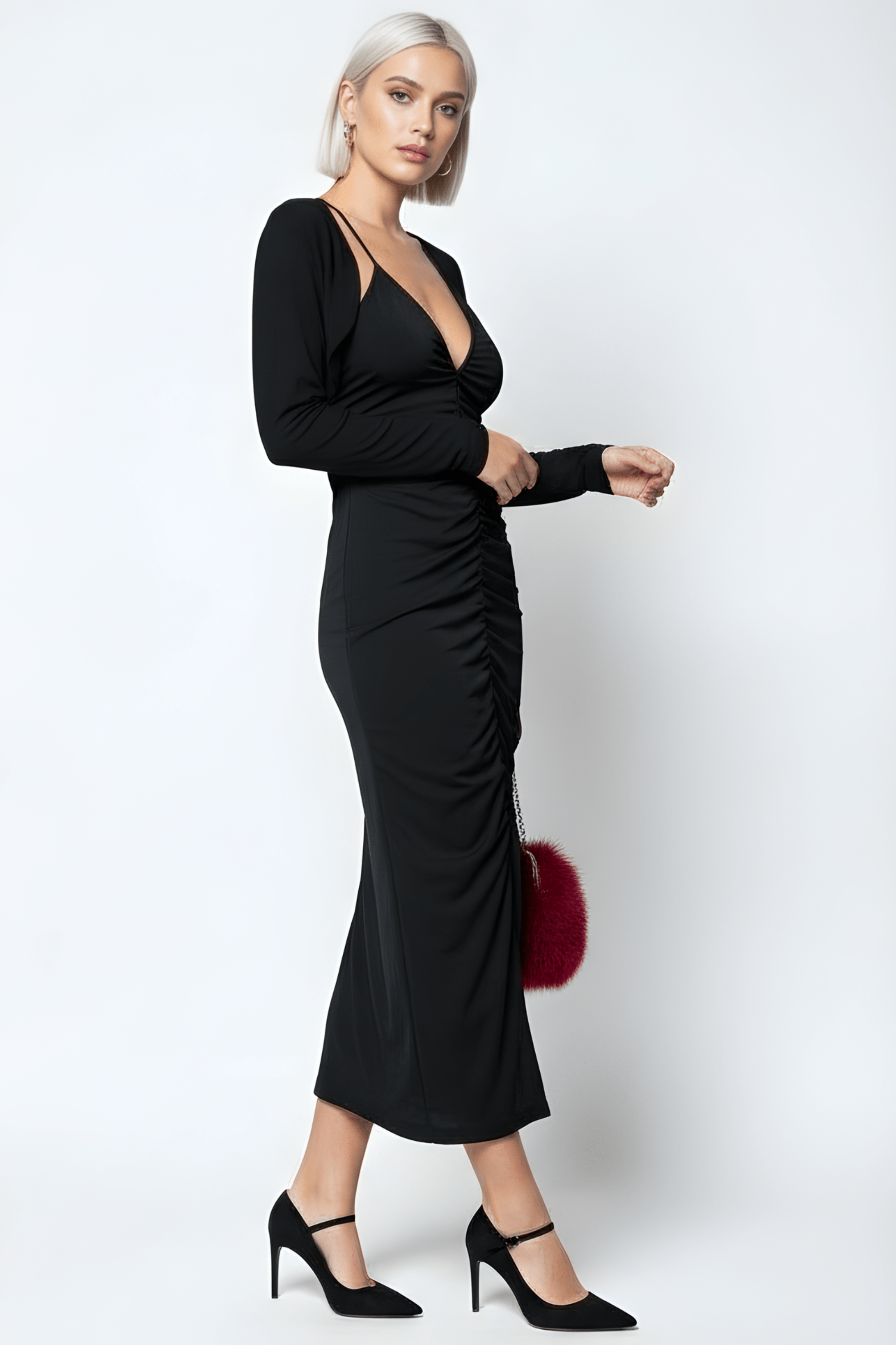 Vestido negro largo tirantes frunce con torera LolitasyL - lolitasyl.com