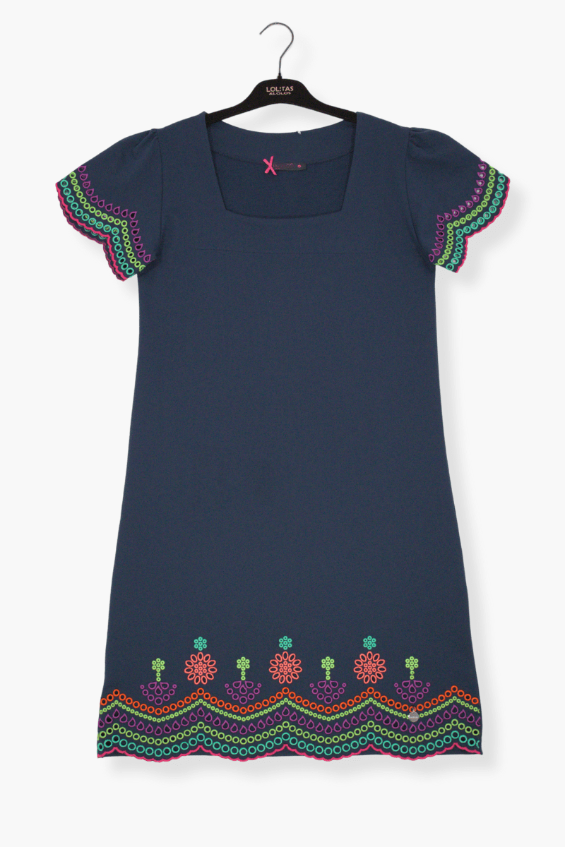 Vestido Preloved azul marino corto con bordado multicolor LolitasyL - lolitasyl.com