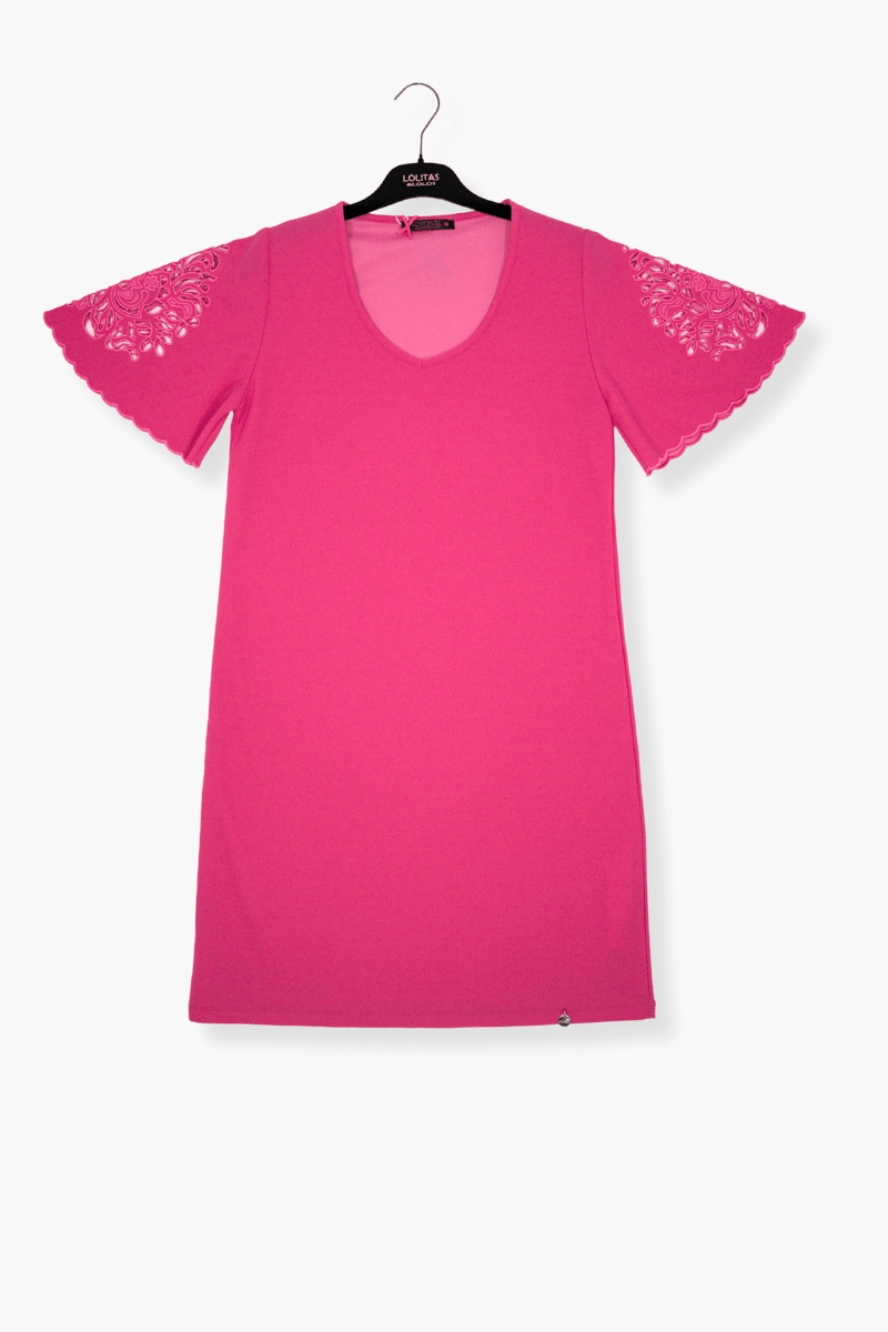 Vestido Preloved Fucsia corto con bordado en manga al codo Lolitas&L - lolitasyl.com
