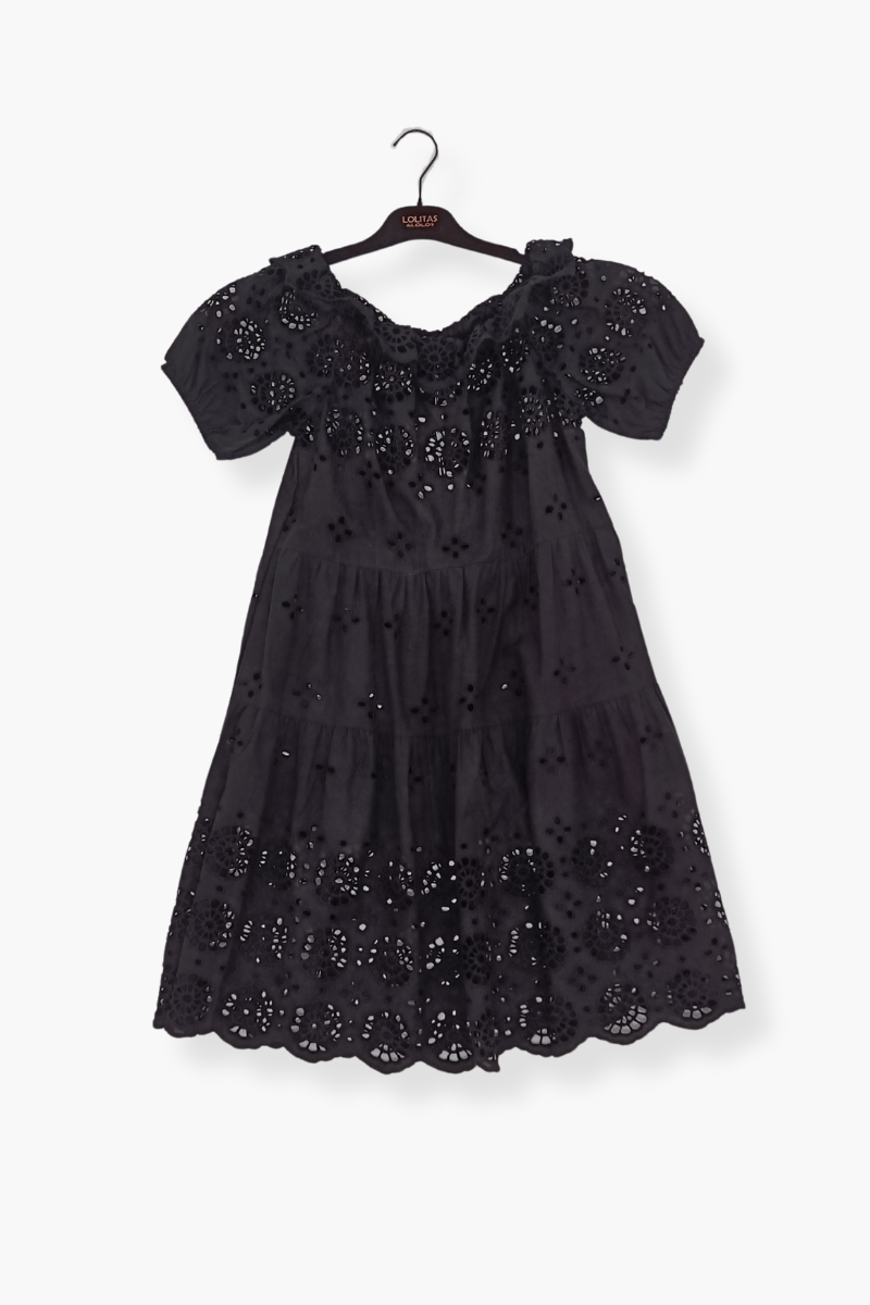 Vestido Preloved negro bordado ingles escote barco Lolitas&L - lolitasyl.com