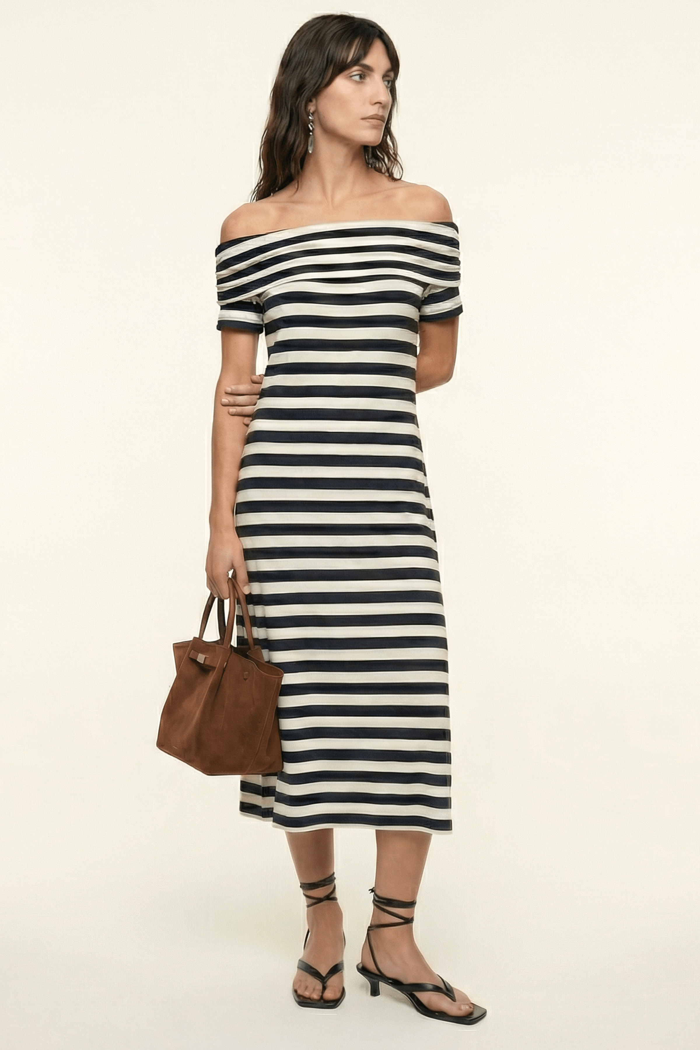 Vestido rayas largo con escote Bardot Lolitas&L - lolitasyl.com