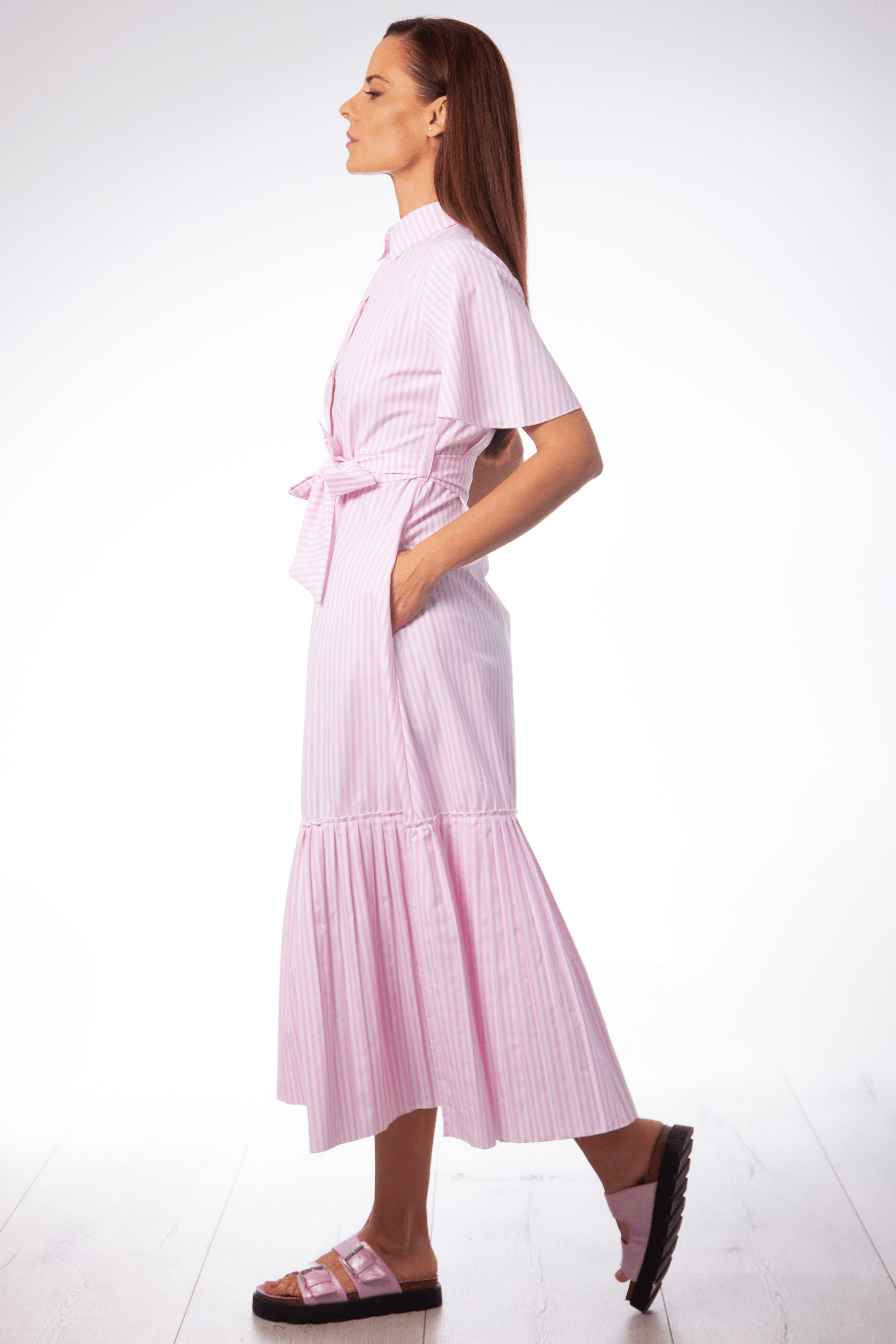 Vestido rayas rosa camisero largo con plisado Lolitas&L - lolitasyl.com