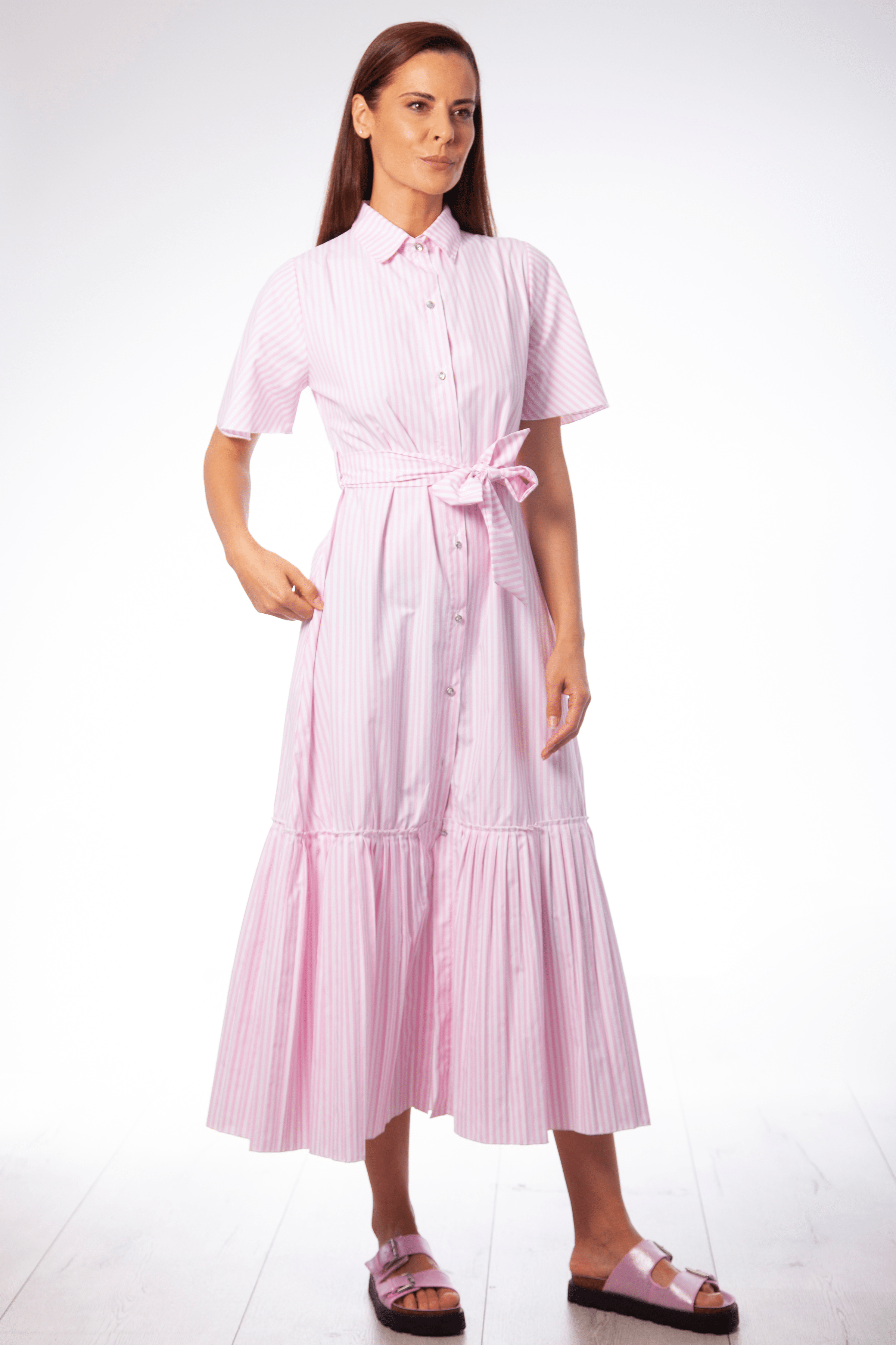 Vestido rayas rosa camisero largo con plisado Lolitas&L - lolitasyl.com