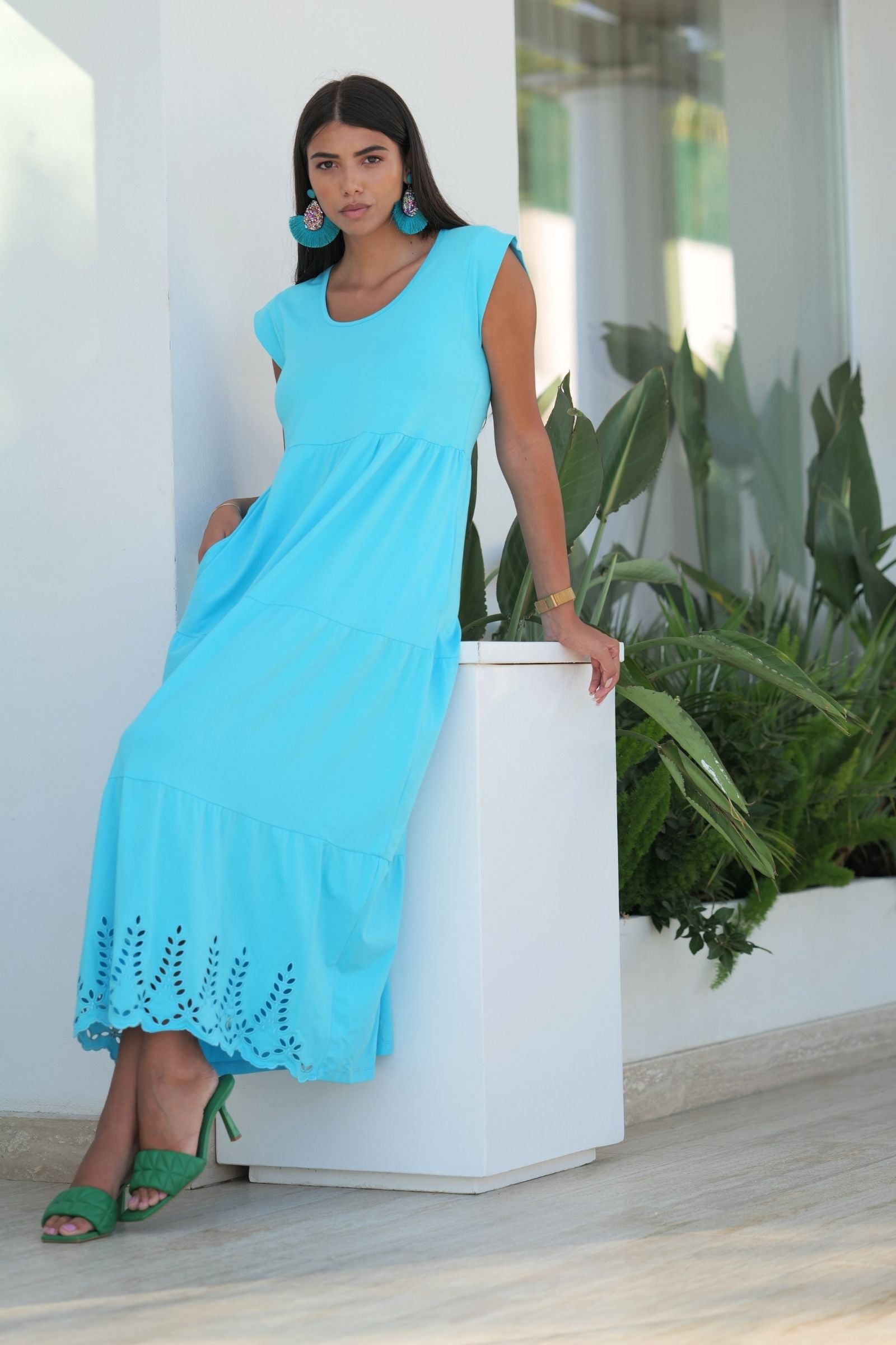 Vestido turquesa algodon largo con bordado al tono Lolitas&L