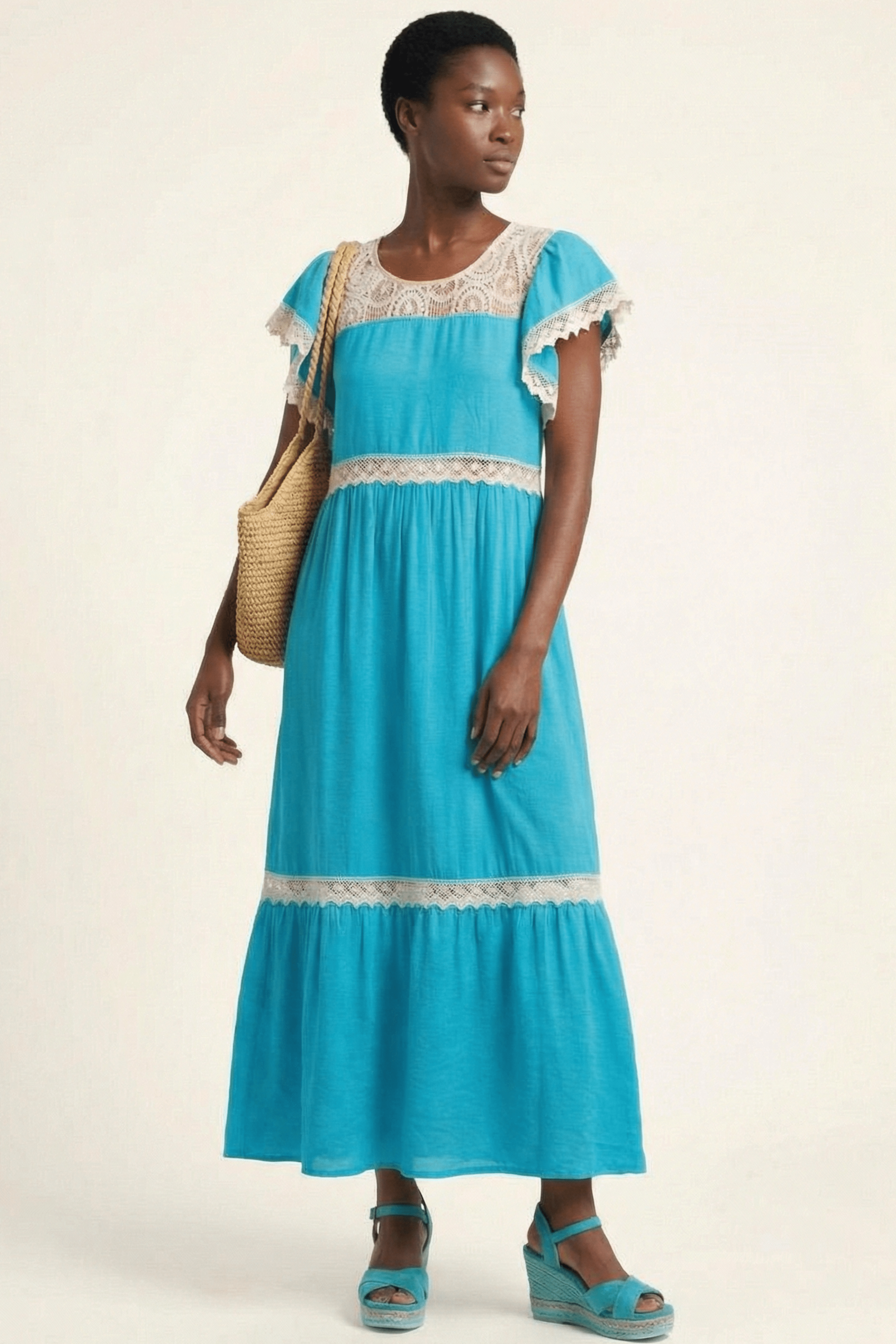 Vestido turquesa largo con detalle grogre en delantero y mangas Lolitas&L - lolitasyl.com