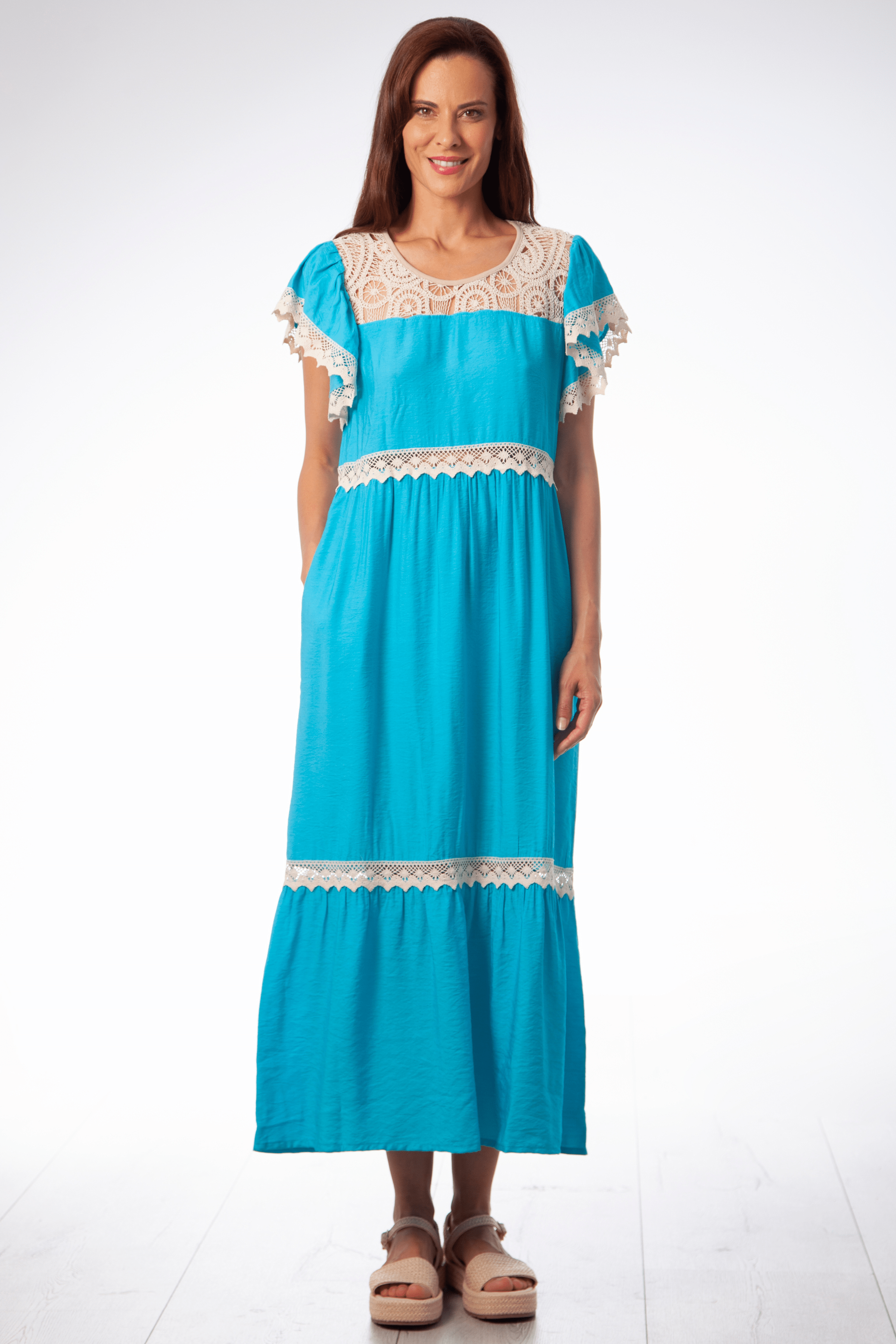 Vestido turquesa largo con detalle grogre en delantero y mangas Lolitas&L - lolitasyl.com