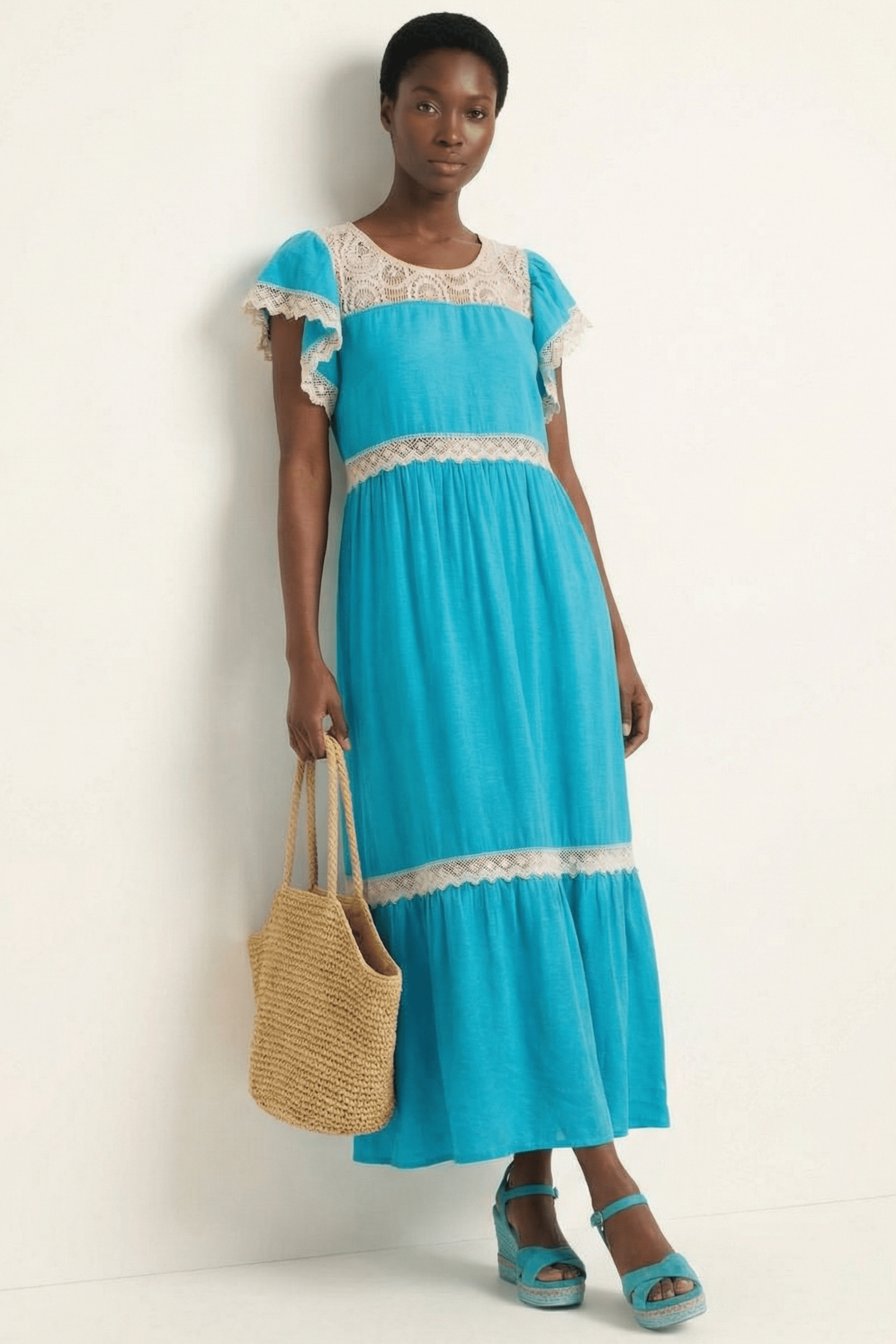 Vestido turquesa largo con detalle grogre en delantero y mangas Lolitas&L - lolitasyl.com