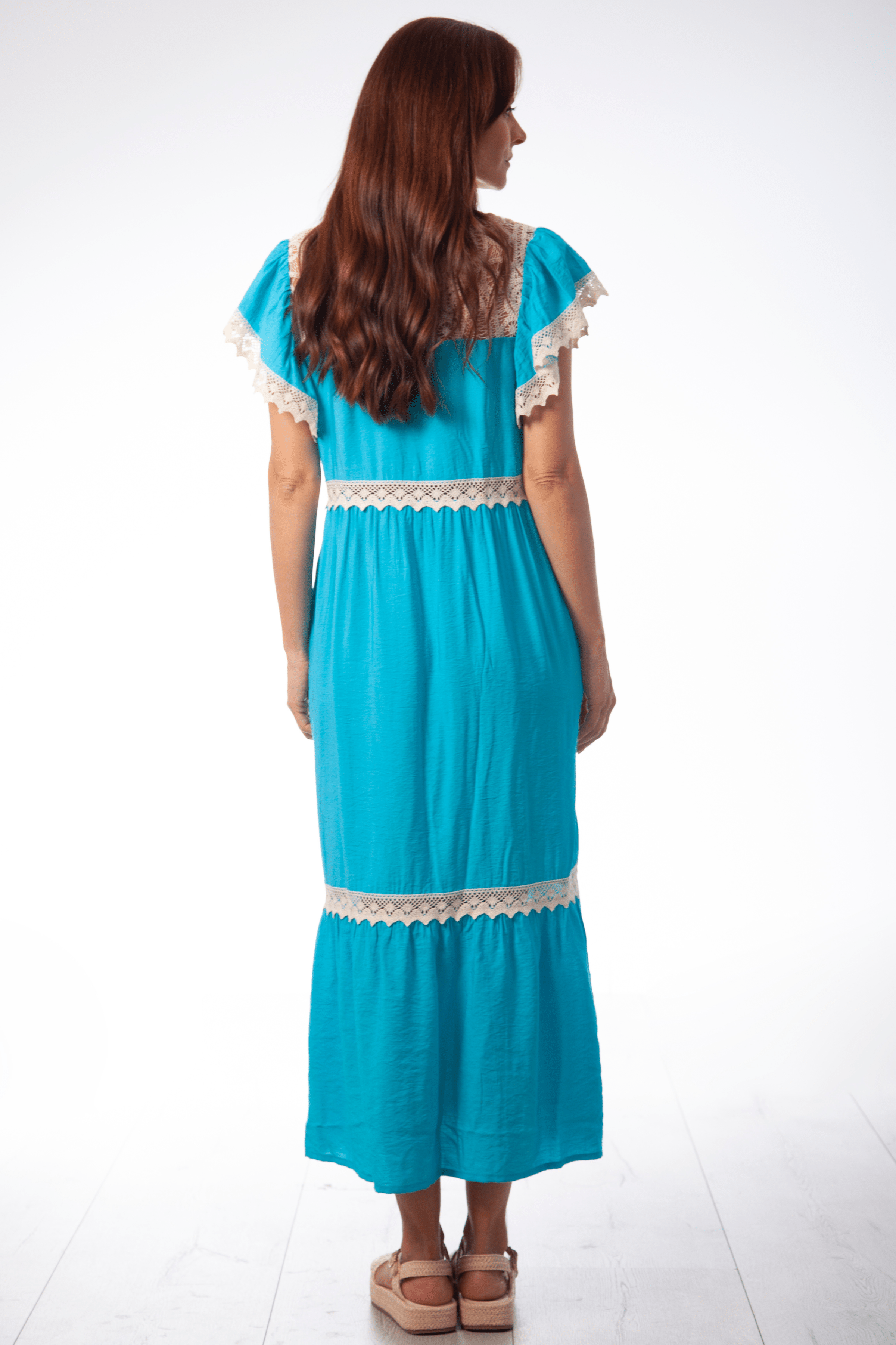 Vestido turquesa largo con detalle grogre en delantero y mangas Lolitas&L - lolitasyl.com