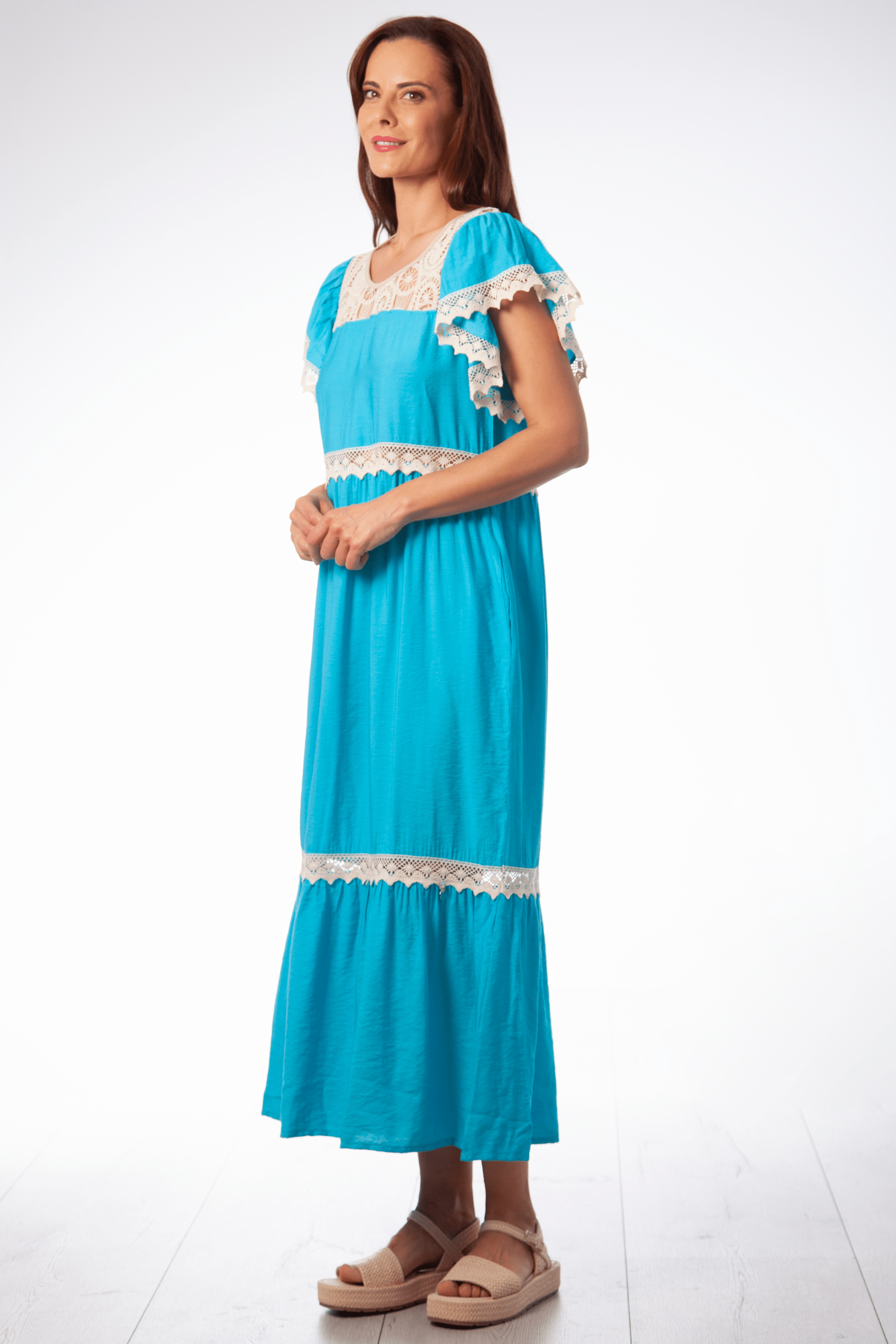 Vestido turquesa largo con detalle grogre en delantero y mangas Lolitas&L - lolitasyl.com