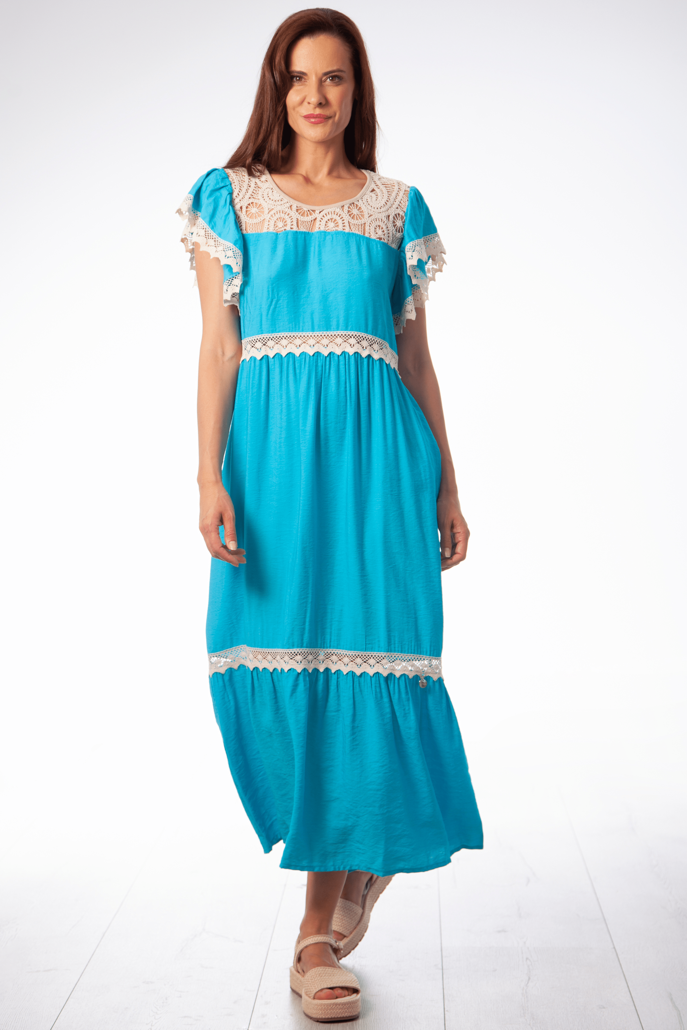 Vestido turquesa largo con detalle grogre en delantero y mangas Lolitas&L - lolitasyl.com