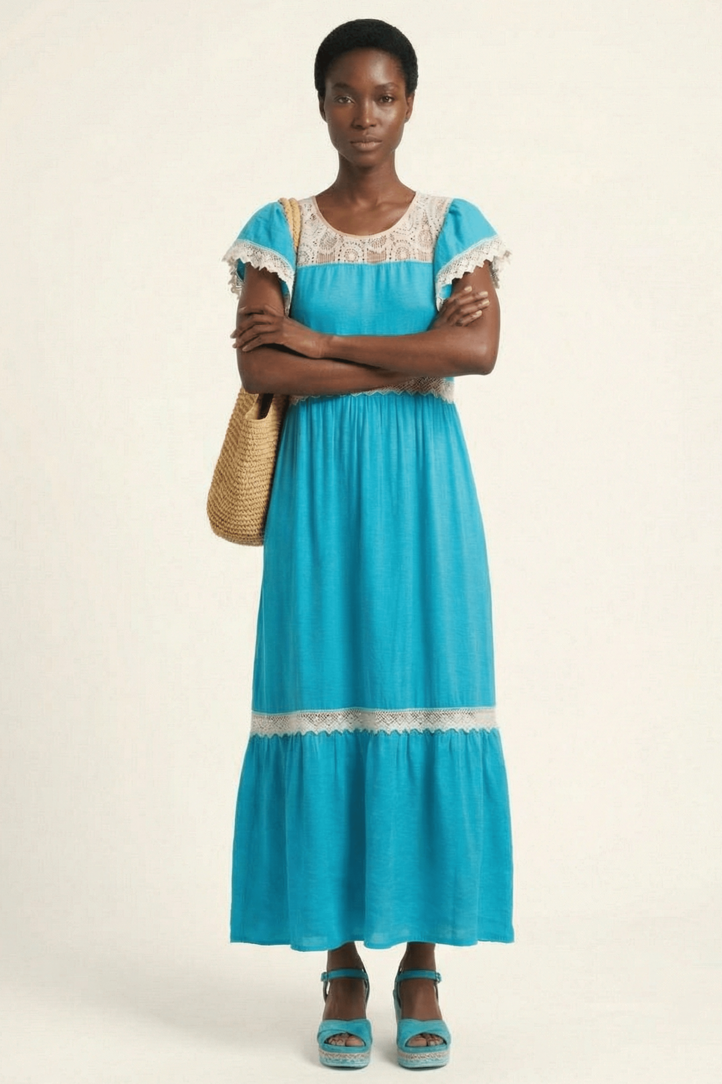 Vestido turquesa largo con detalle grogre en delantero y mangas Lolitas&L - lolitasyl.com