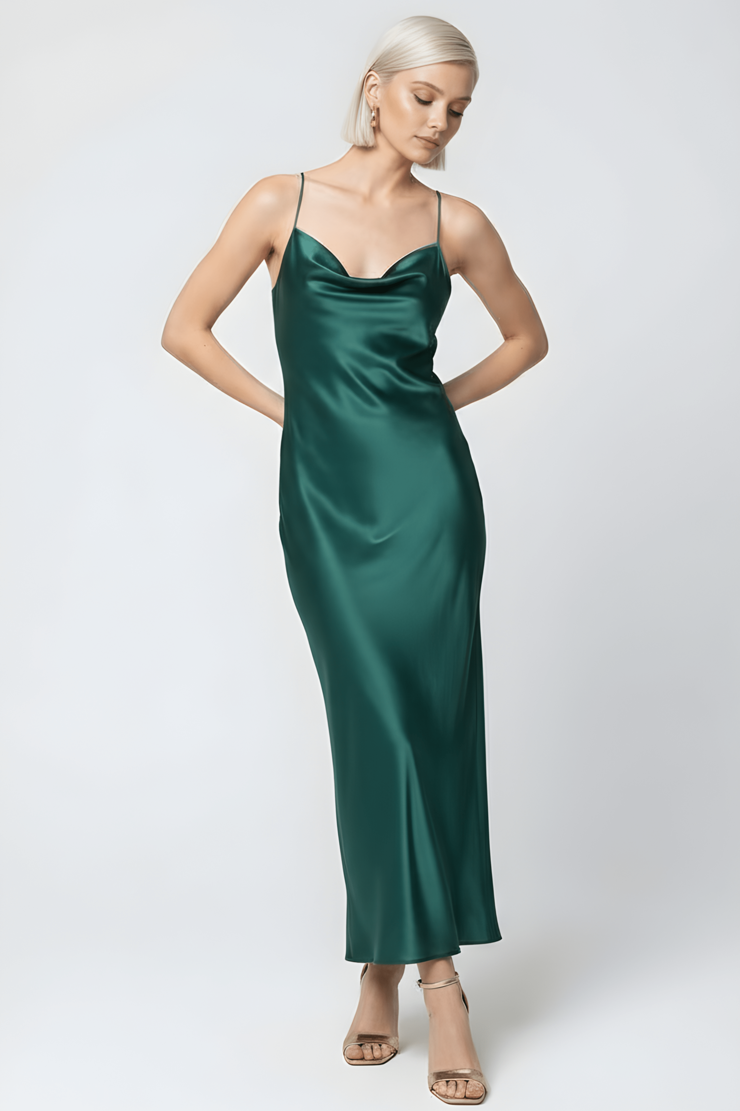 Vestido verde raso largo tirantes con escote fruncido LolitasyL - lolitasyl.com