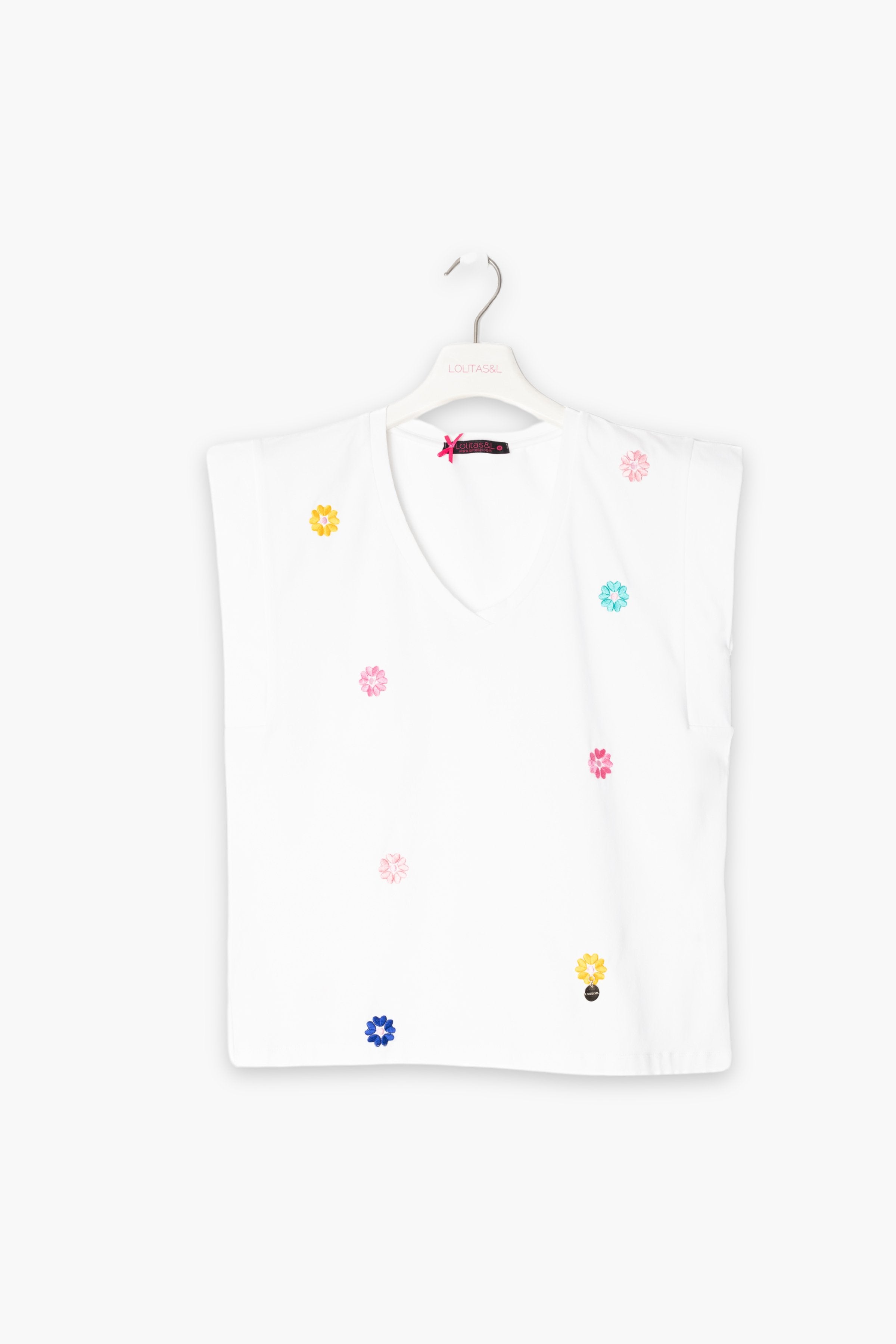 Camiseta blanca con boldado de flores multicolor LolitasyL - lolitasyl.com