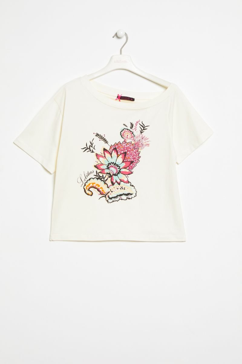 Camiseta blanca estampado flores escote barco Lolitas&L - lolitasyl.com