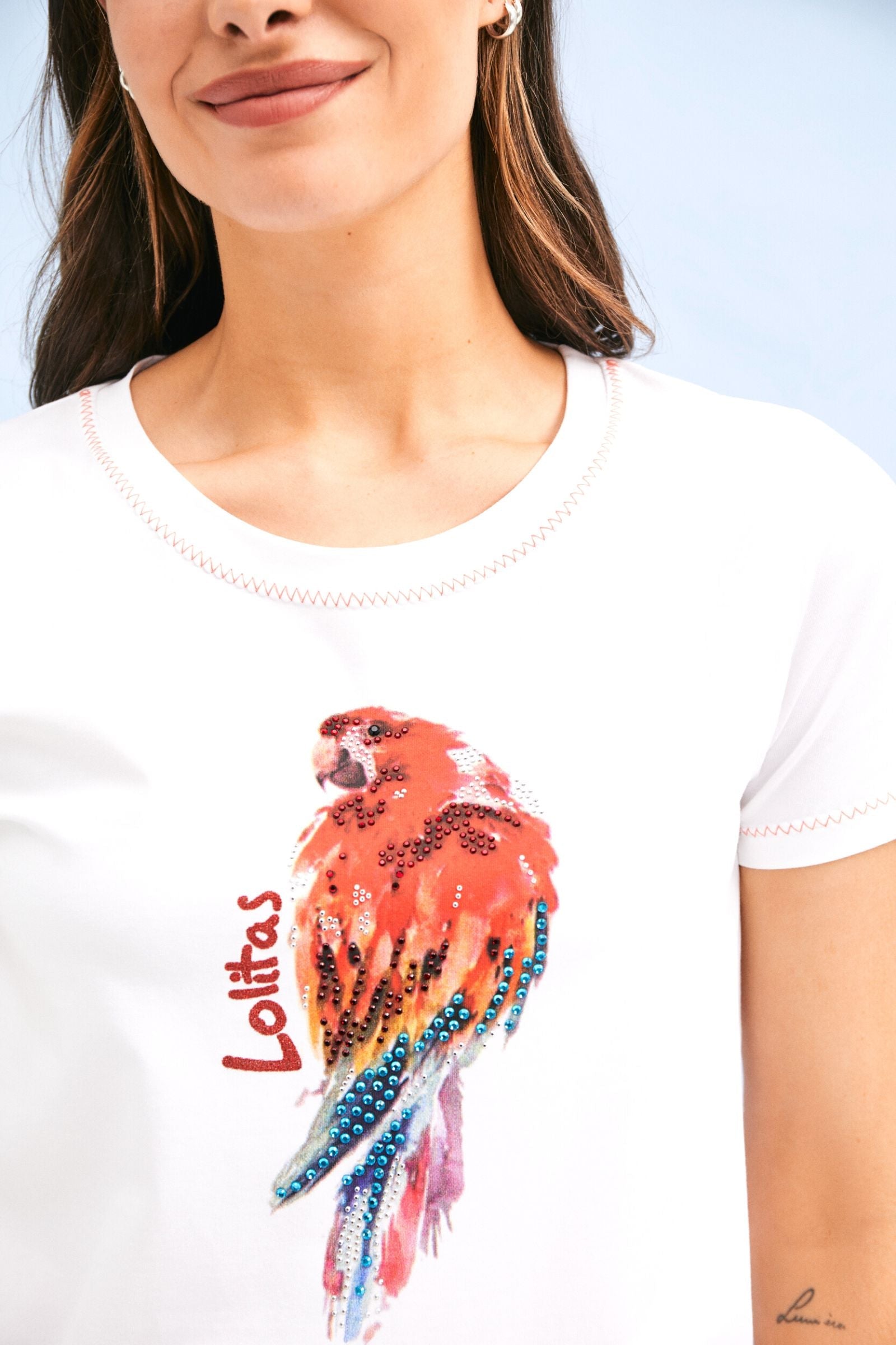 Camiseta blanca estampado pajaro con strass Lolitas&L - lolitasyl.com