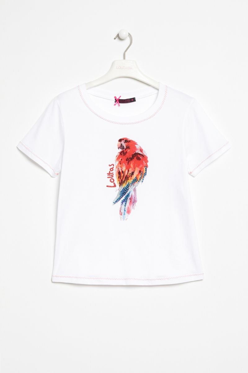 Camiseta blanca estampado pajaro con strass Lolitas&L - lolitasyl.com