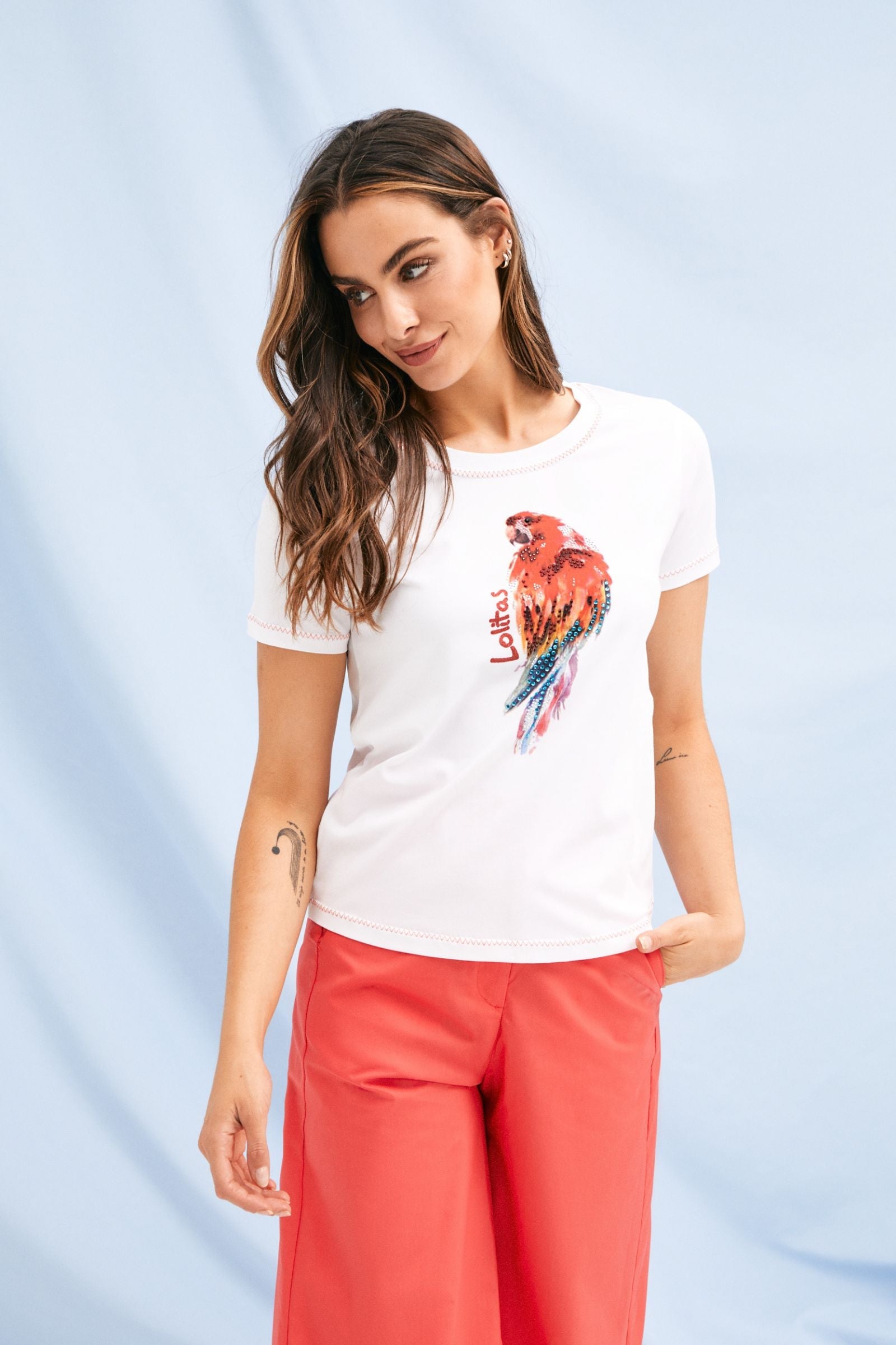 Camiseta blanca estampado pajaro con strass Lolitas&L - lolitasyl.com