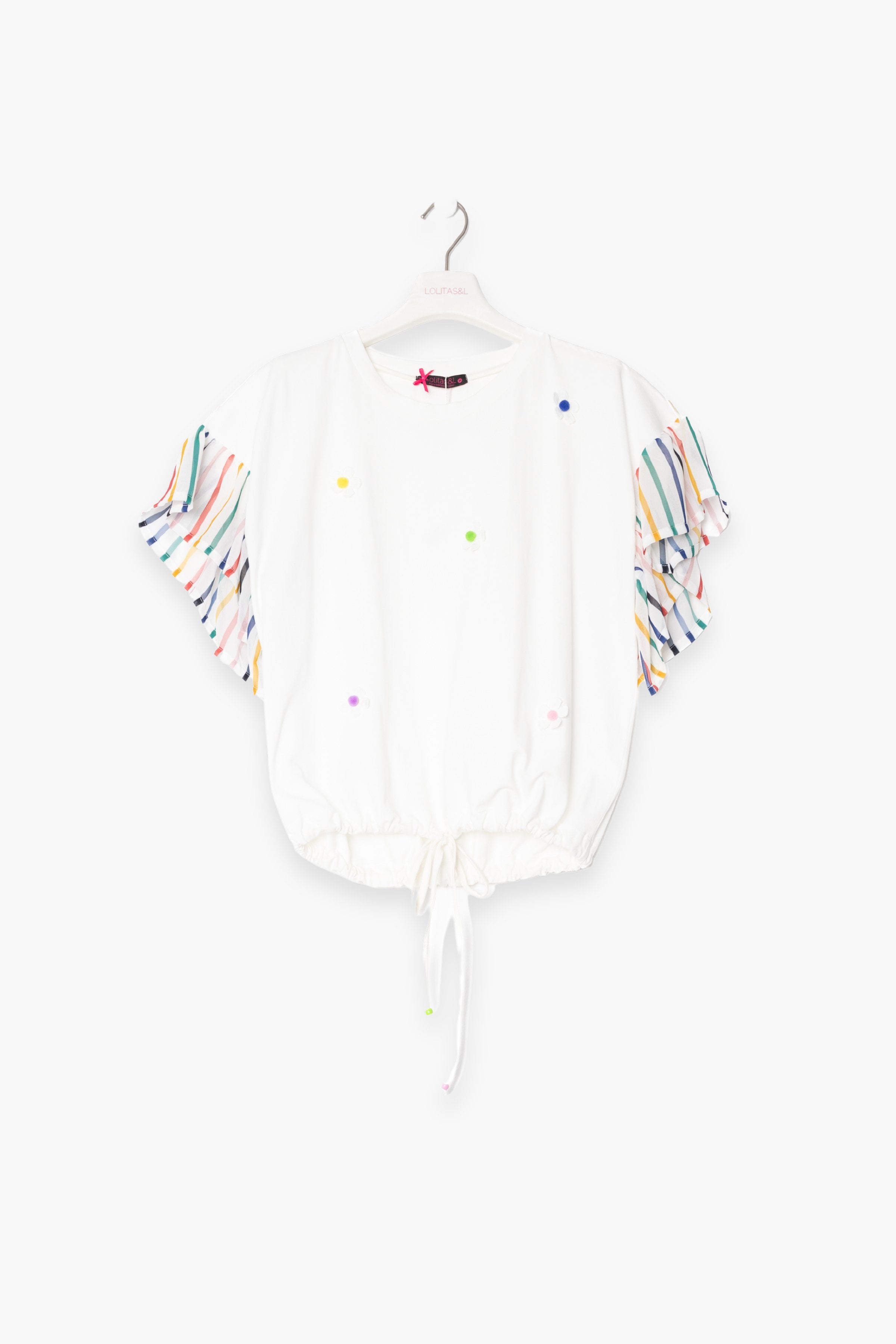 Camiseta blanca margaritas bordadas y raya multicolor LolitasyL - lolitasyl.com