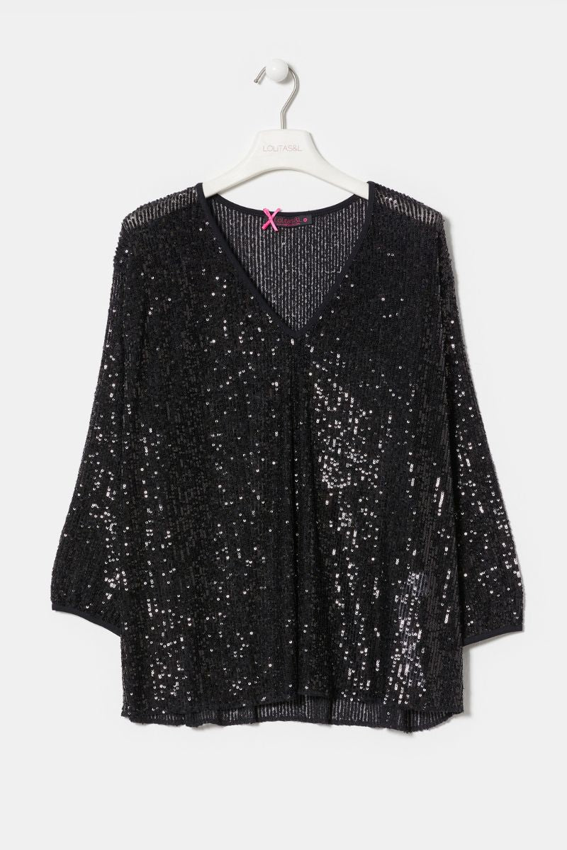 Camiseta negra lentejuelas escote en uve LolitasyL - lolitasyl.com