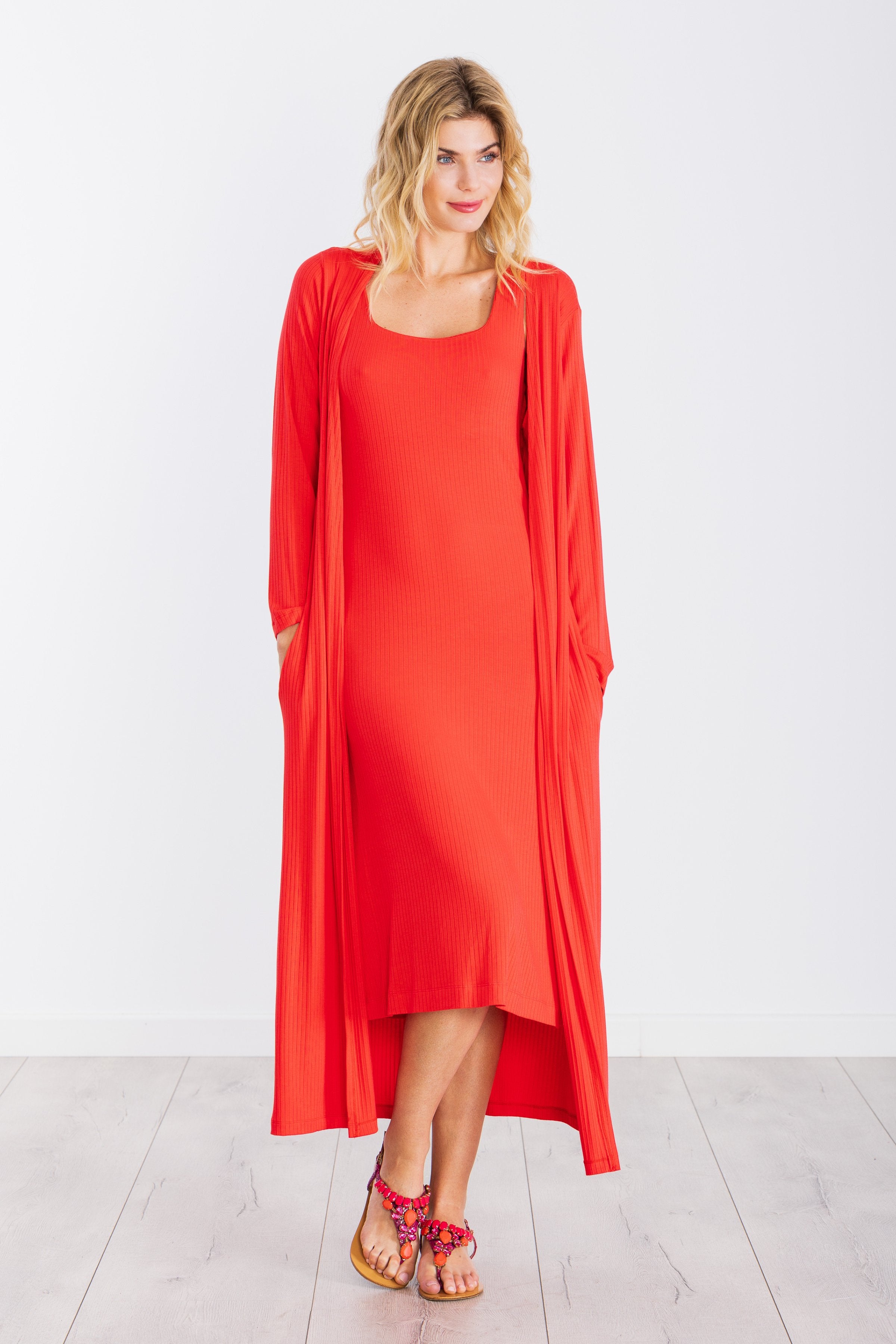 Chaqueta coral larga guardapolvos de punto rayado LolitasyL - lolitasyl.com