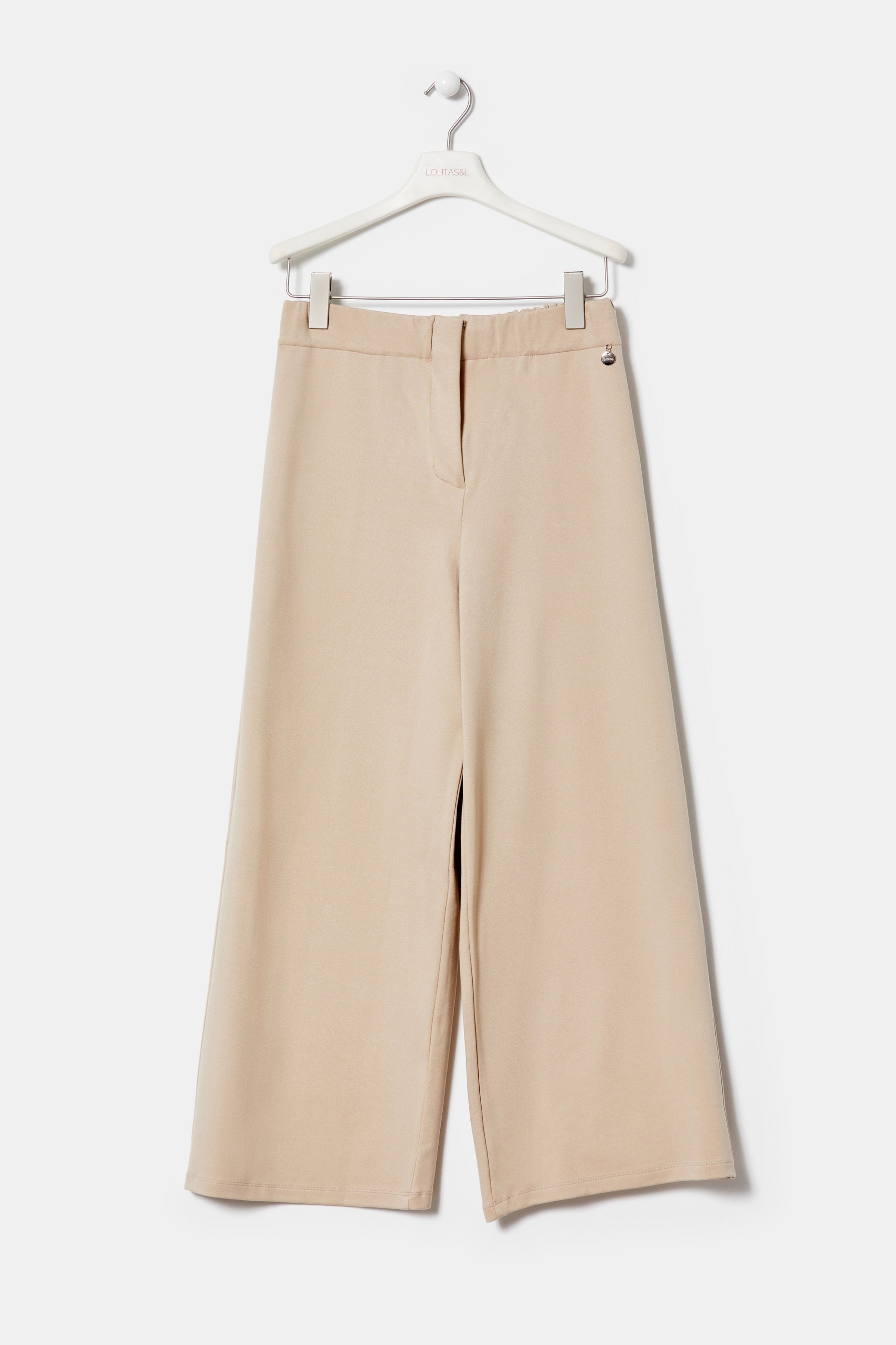 Pantalón beige basico de talle alto con goma y pierna ancha LolitasyL - lolitasyl.com