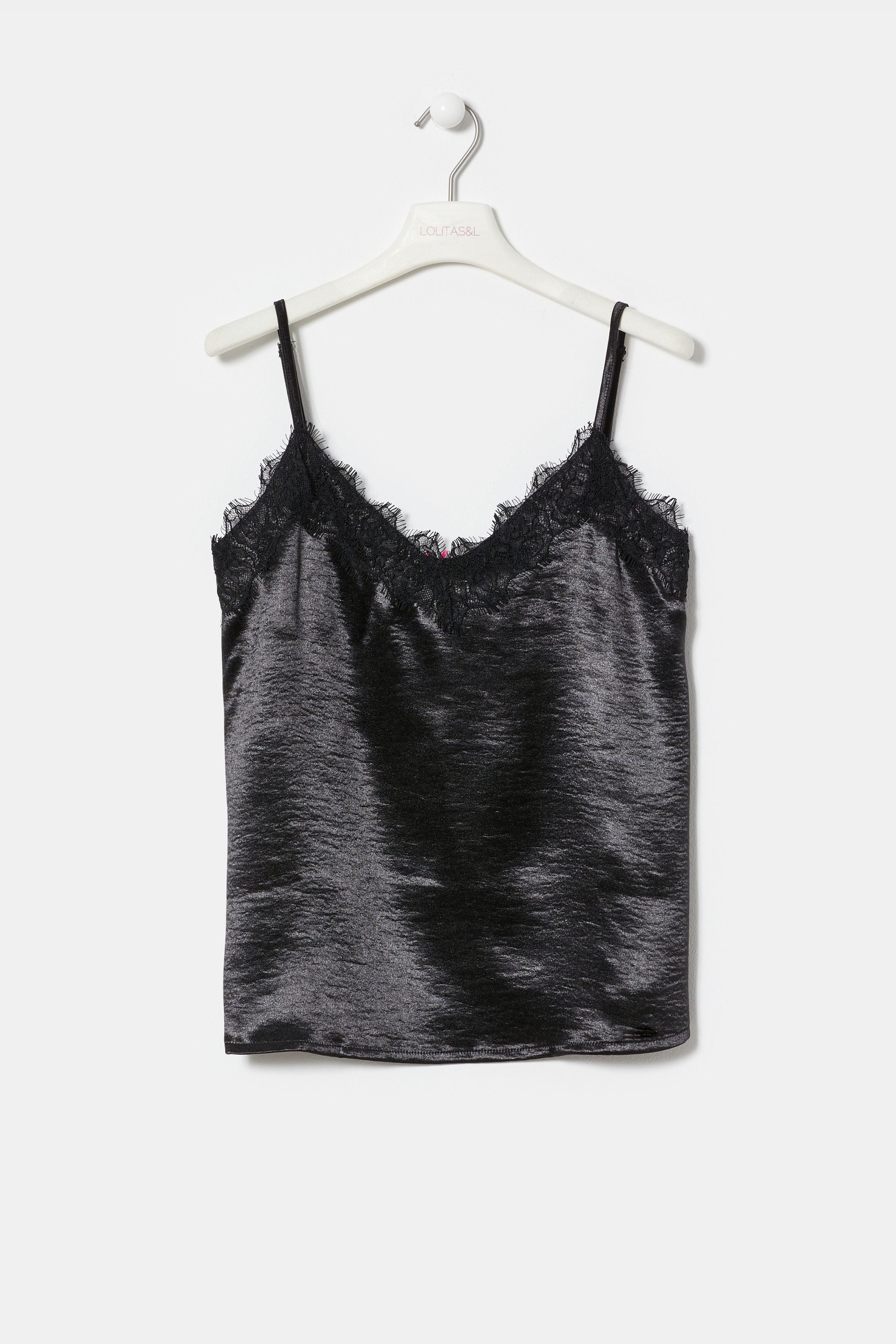 Top saten negro tirantes con puntilla LolitasyL - lolitasyl.com