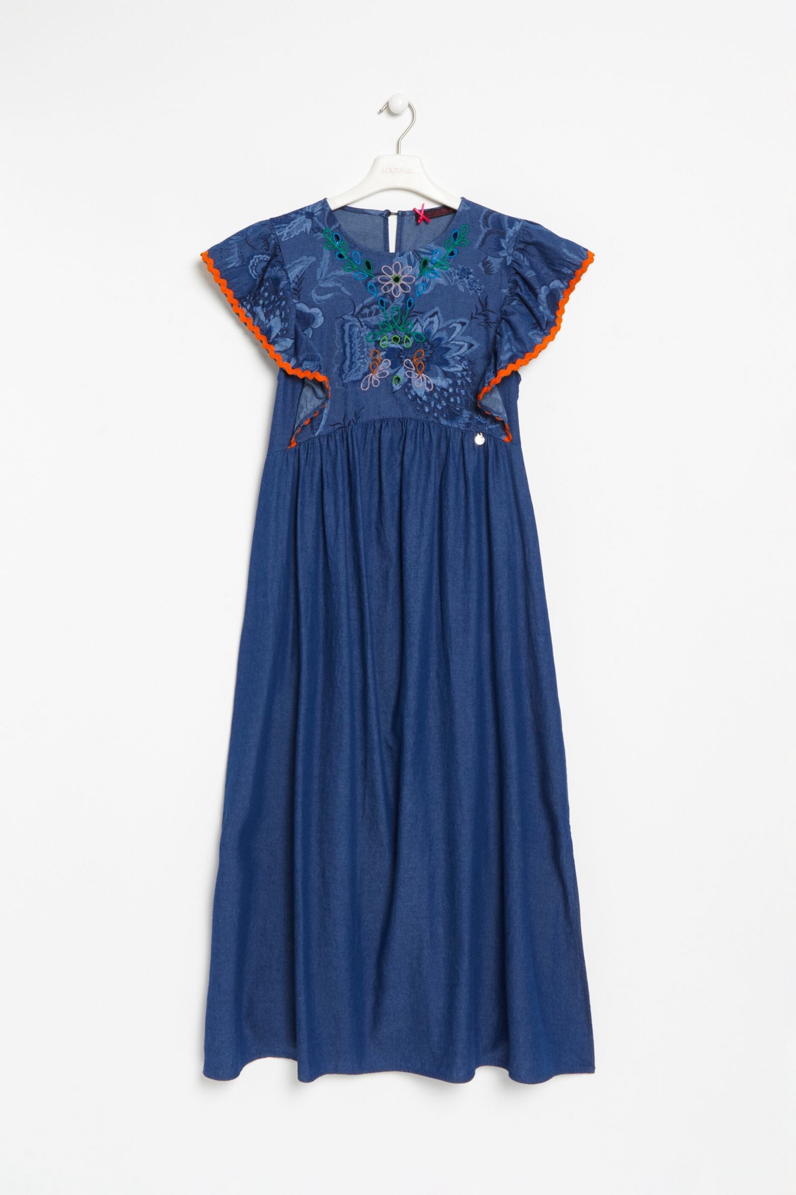 Vestido azul jeans largo con bordado y estampado flores LolitasyL - lolitasyl.com