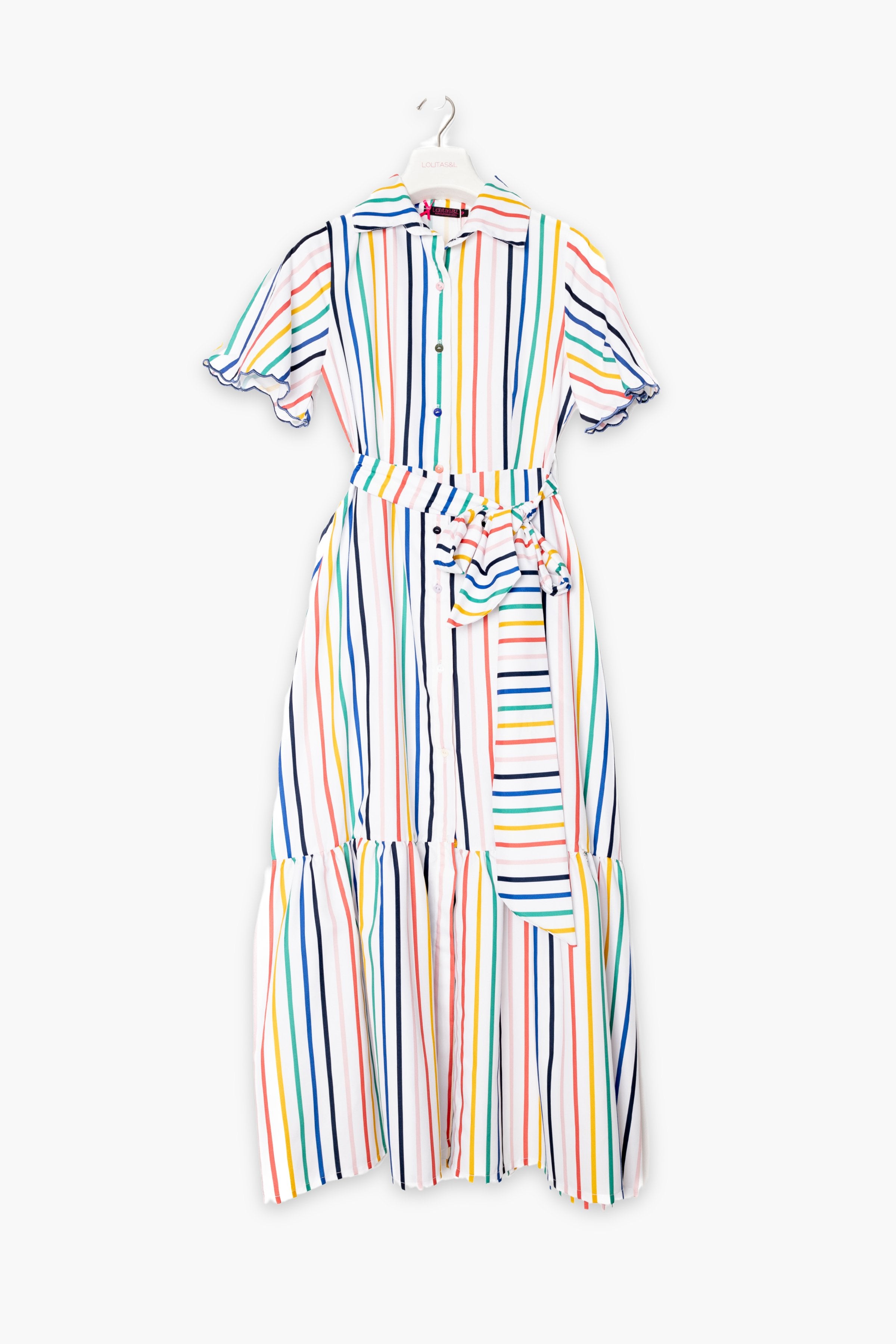 Vestido blanco estampado rayas multicolor camisero largo LolitasyL - lolitasyl.com