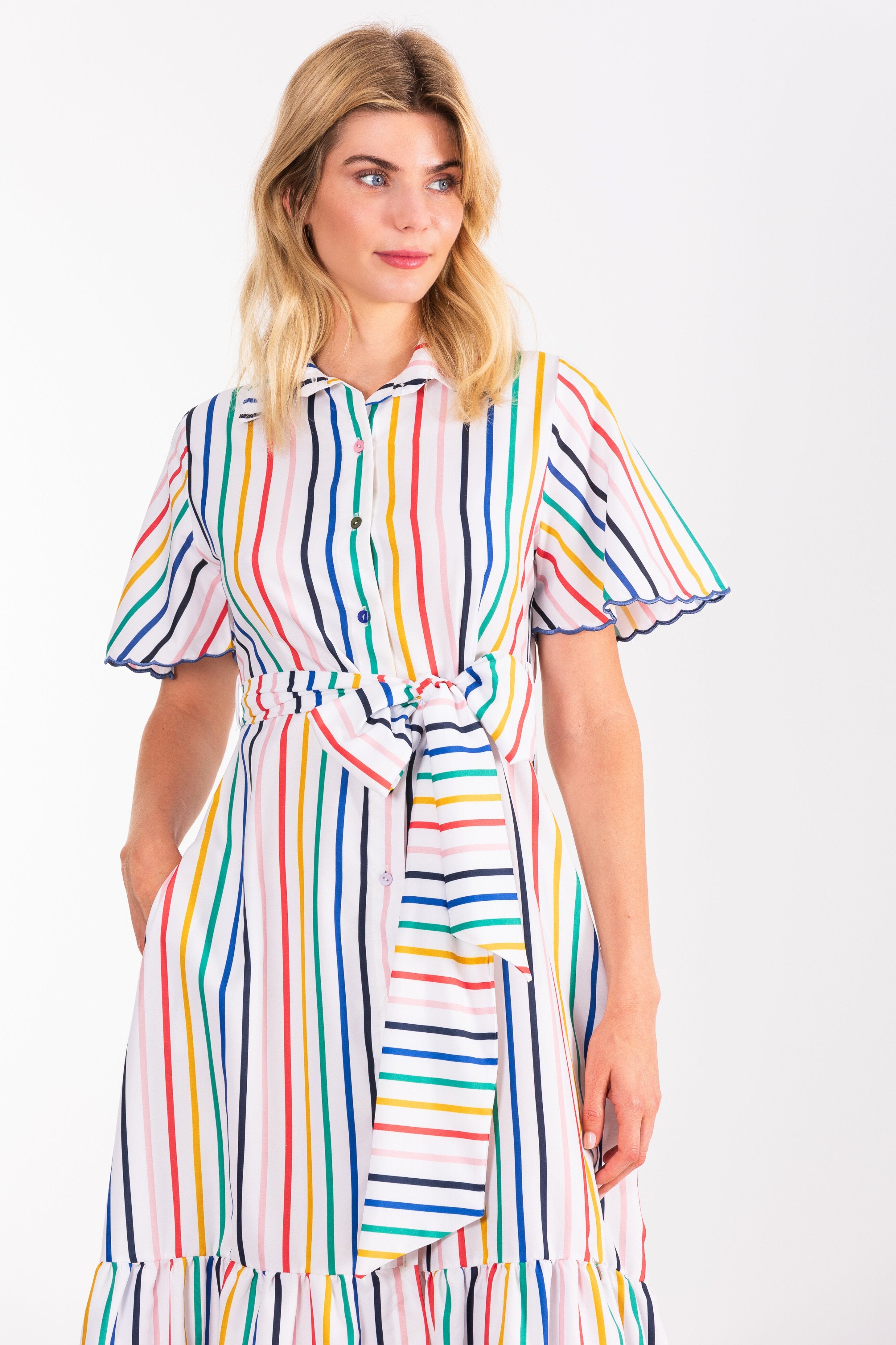 Vestido blanco estampado rayas multicolor camisero largo LolitasyL - lolitasyl.com