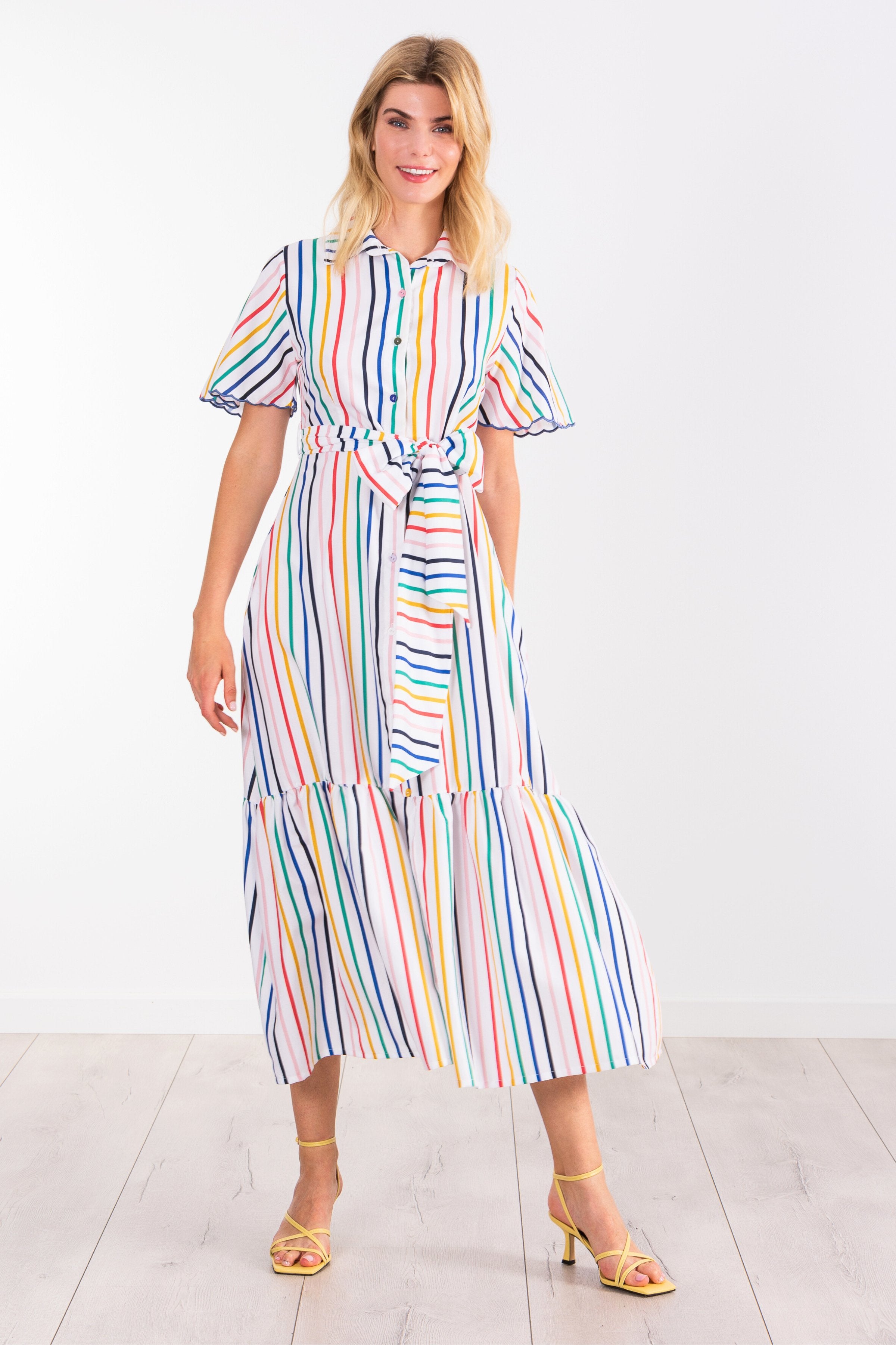 Vestido blanco estampado rayas multicolor camisero largo LolitasyL - lolitasyl.com