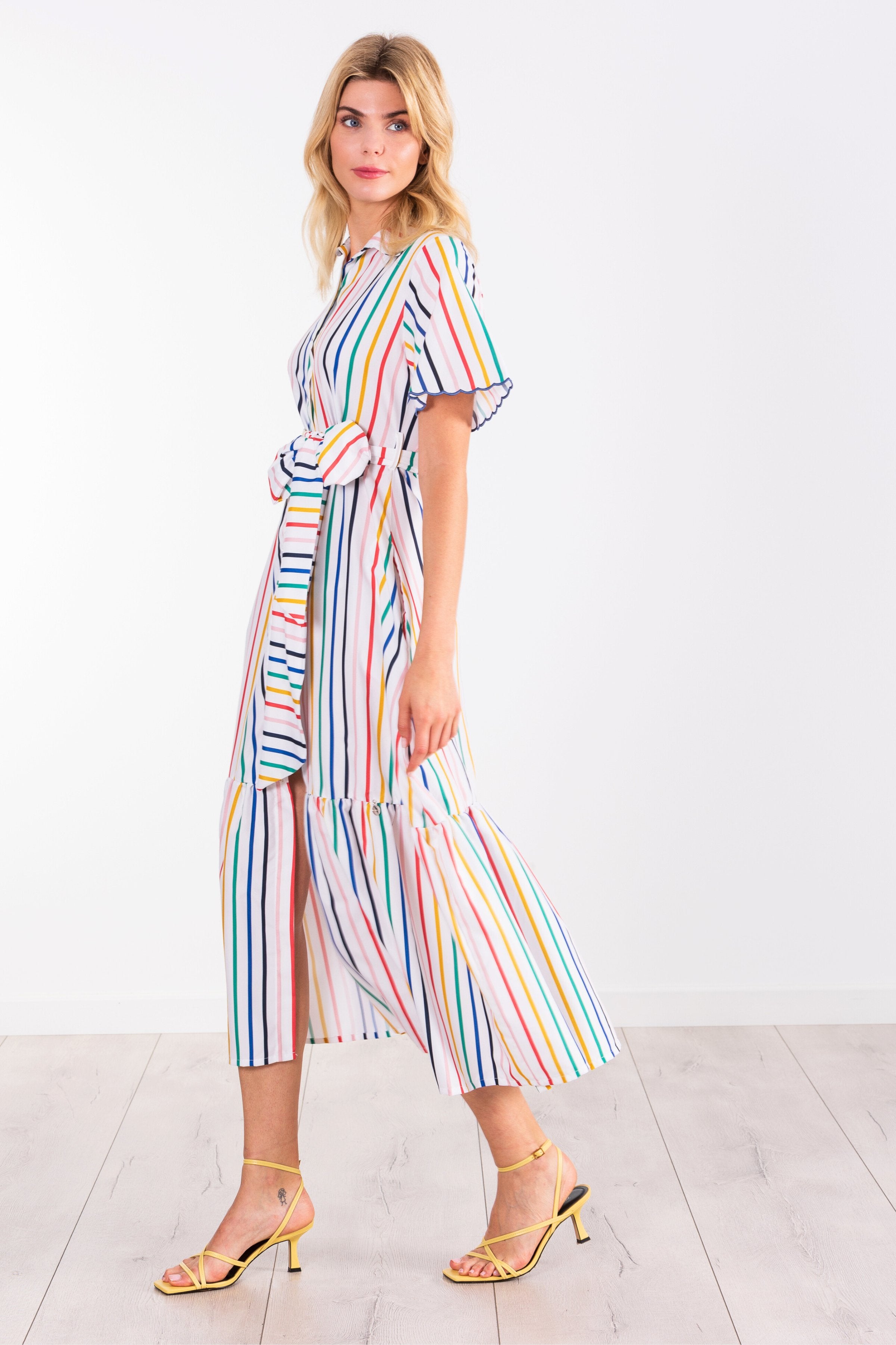 Vestido blanco estampado rayas multicolor camisero largo LolitasyL - lolitasyl.com