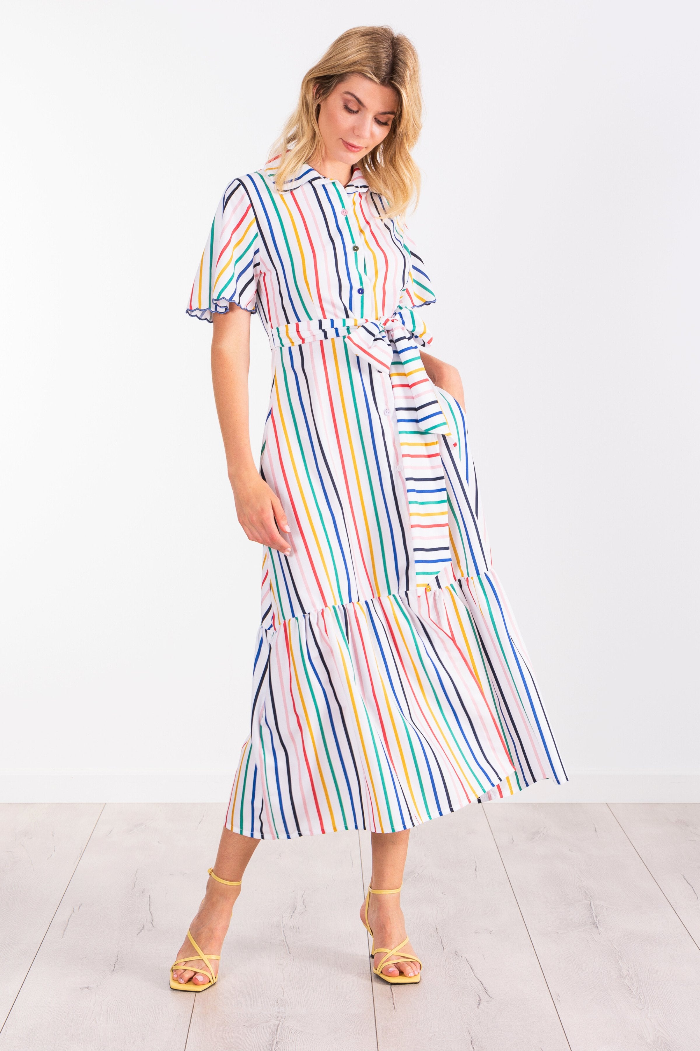 Vestido blanco estampado rayas multicolor camisero largo LolitasyL - lolitasyl.com